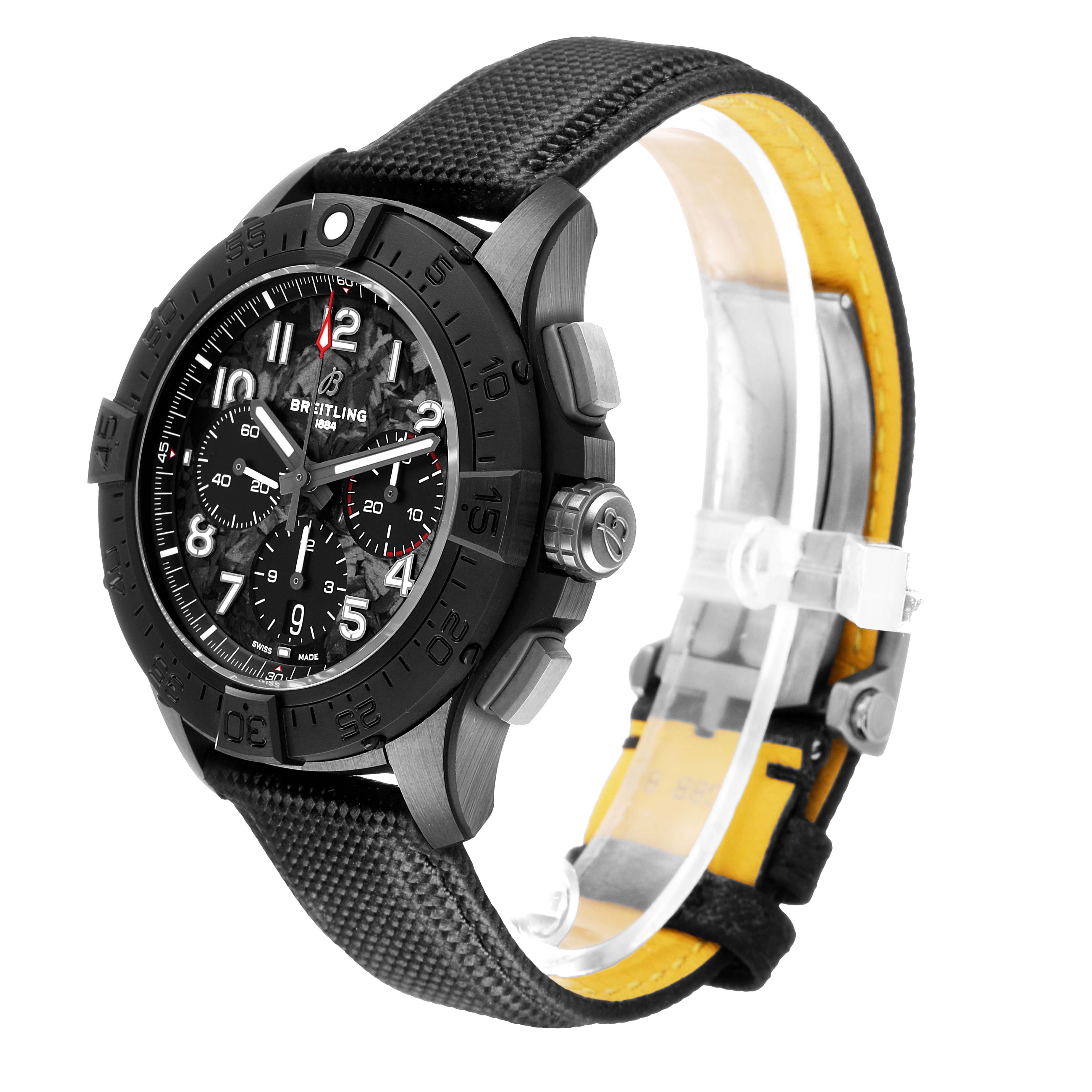 The image shows a side angle of the Breitling Avenger SB0147 Men's Ceramic Black Dial watch, highlighting the case, bezel, dial, and strap.