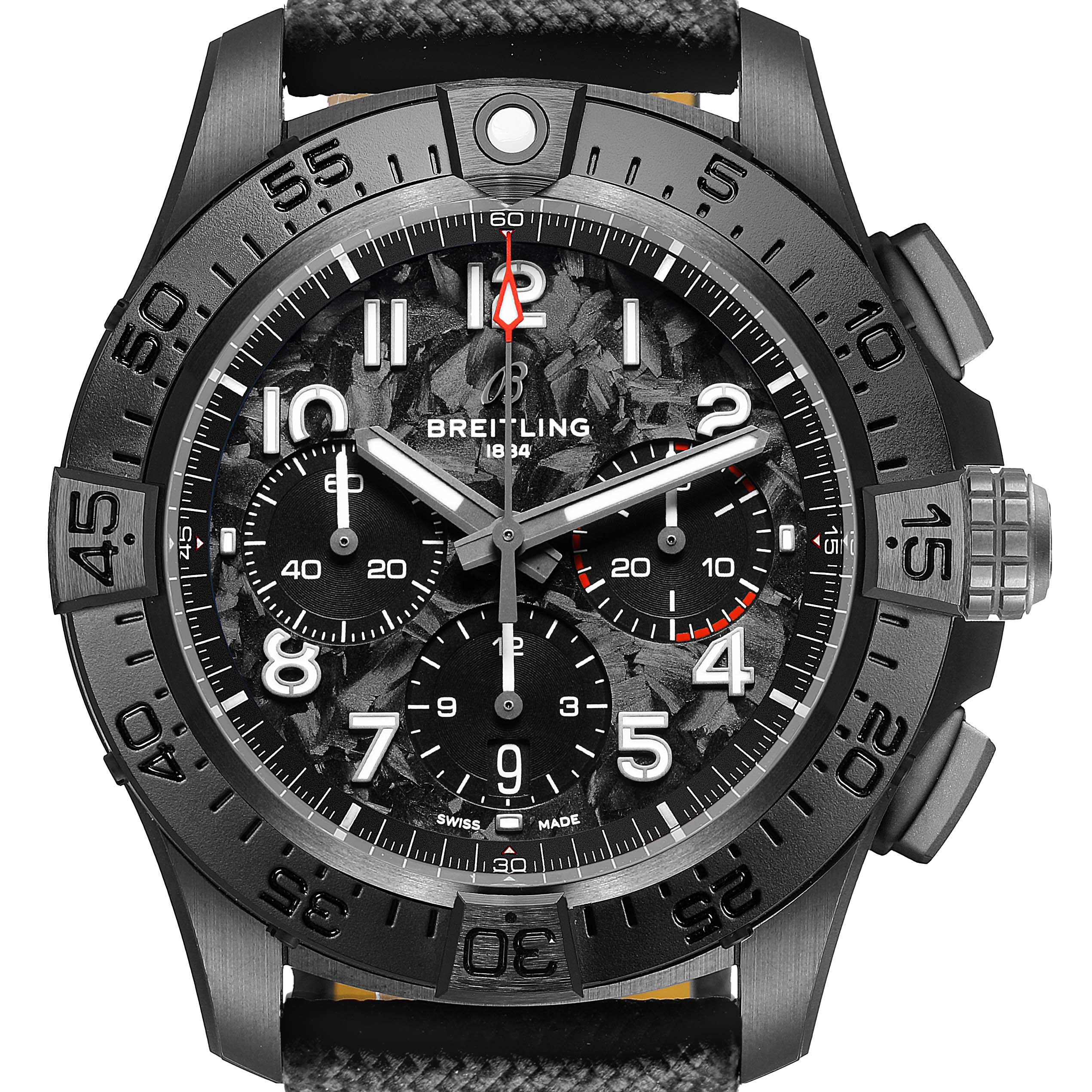 The Breitling Avenger SB0147 Men's Ceramic Black Dial watch is shown from a front view, displaying its dial, bezel, and chronograph sub-dials.