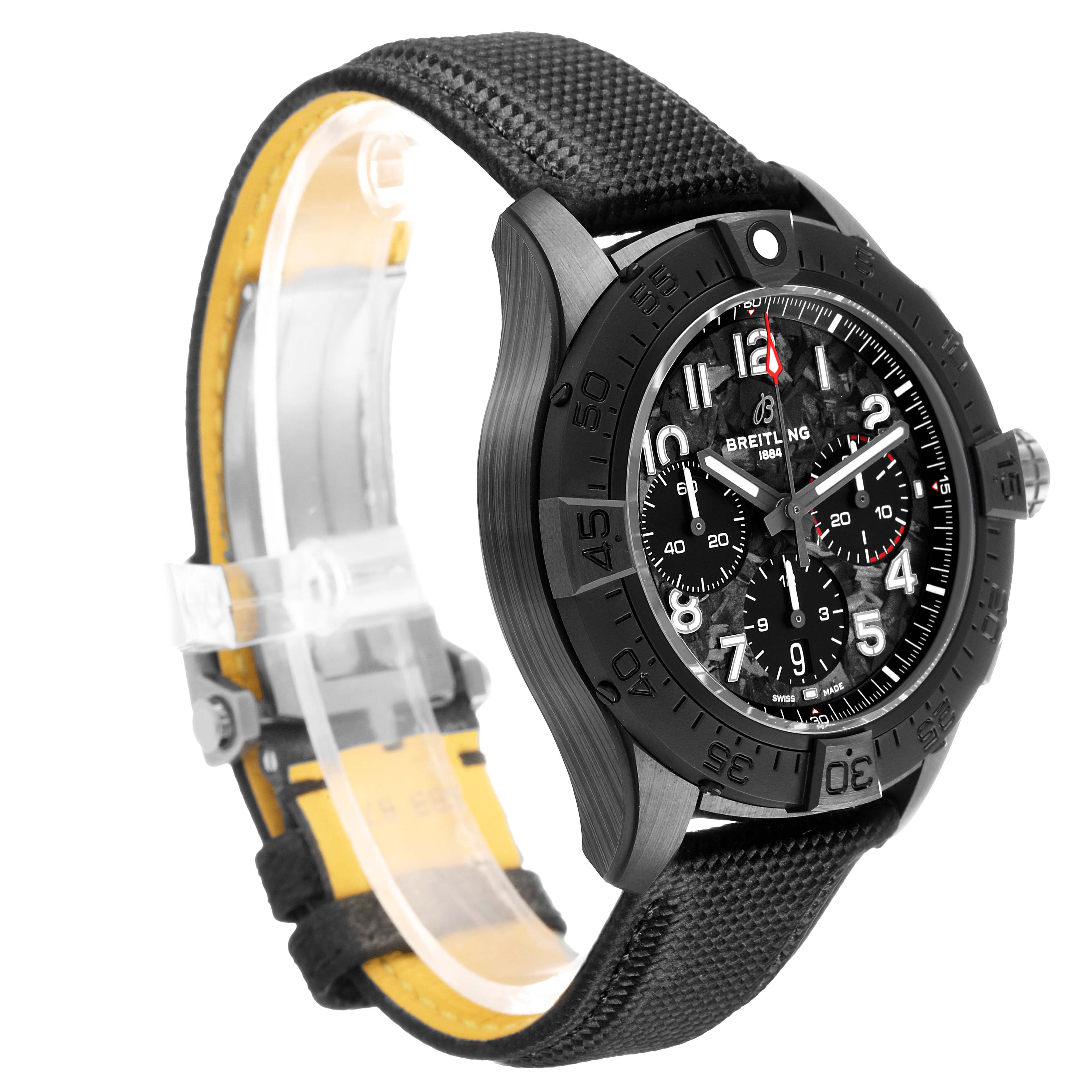 This image shows a side angle of the Breitling Avenger SB0147 Men's Ceramic Black Dial watch, highlighting the bezel, dial, case, and fabric strap.