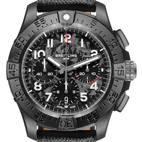 The Breitling Avenger SB0147 Men's Ceramic Black Dial watch is shown from the front, displaying its bezel, dial, subdials, and strap.