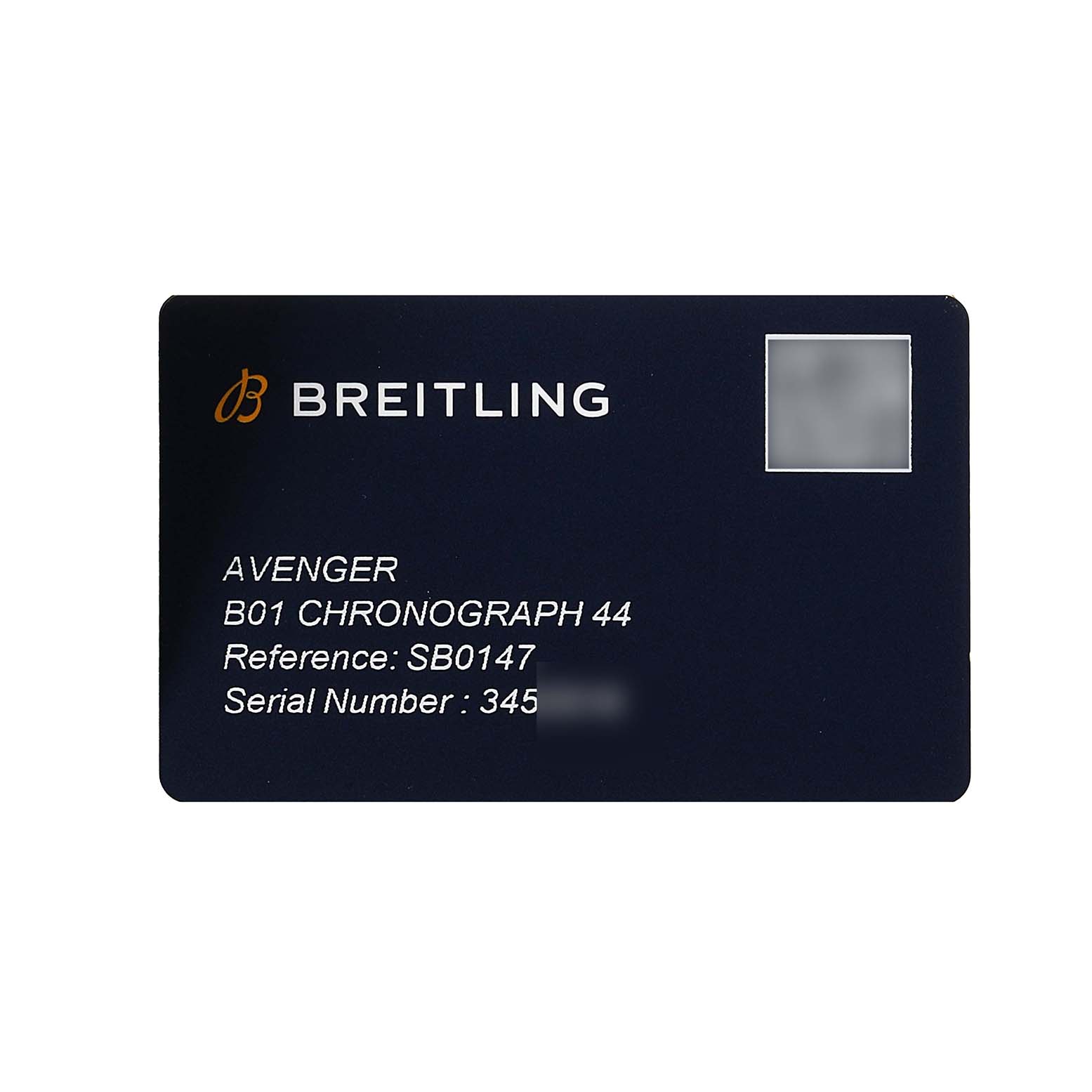 The image shows a Breitling Avenger SB0147 Men's Ceramic Black Dial model card displaying the model, reference, and serial number details.