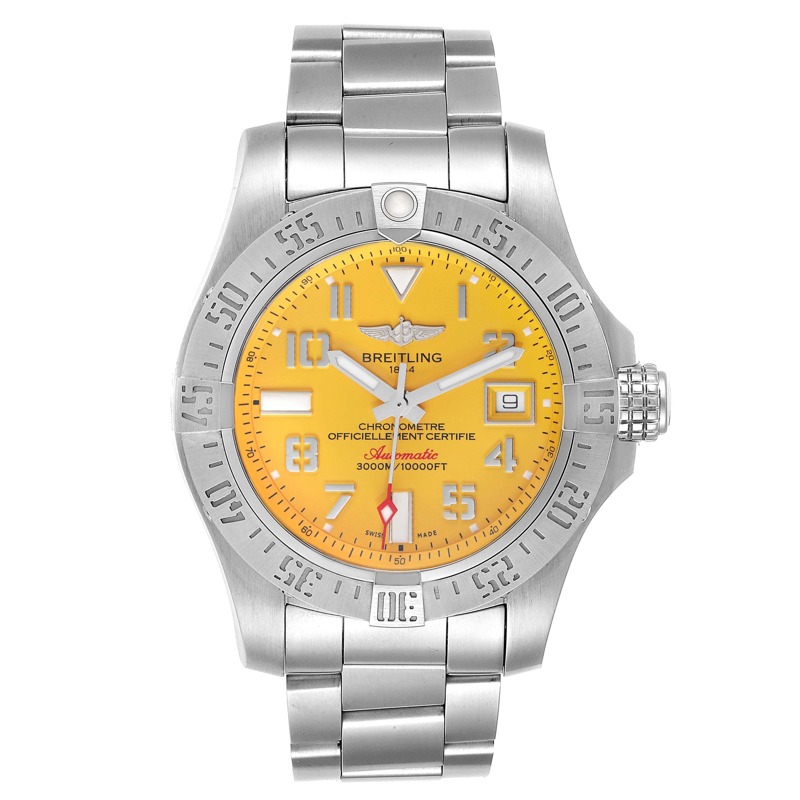 The image shows a front view of the Breitling Avenger A17331 Men's Stainless Steel Yellow Dial A17331 Men's Stainless Steel Yellow Dial watch, highlighting its yellow dial, bezel, and metal bracelet.