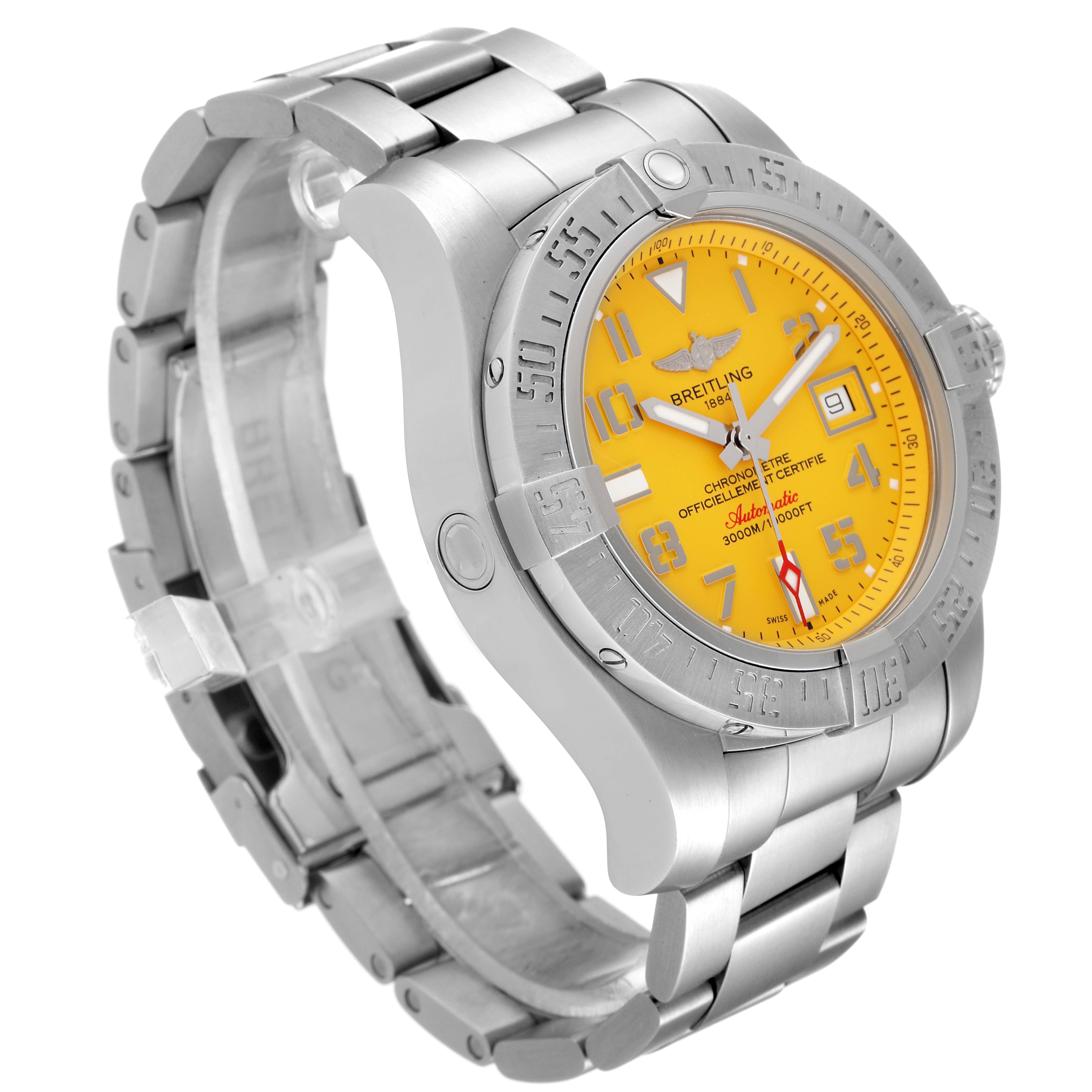 The image shows a Breitling Avenger A17331 Men's Stainless Steel Yellow Dial A17331 Men's Stainless Steel Yellow Dial watch at an angled side view, highlighting its yellow dial, stainless steel case, and bracelet.