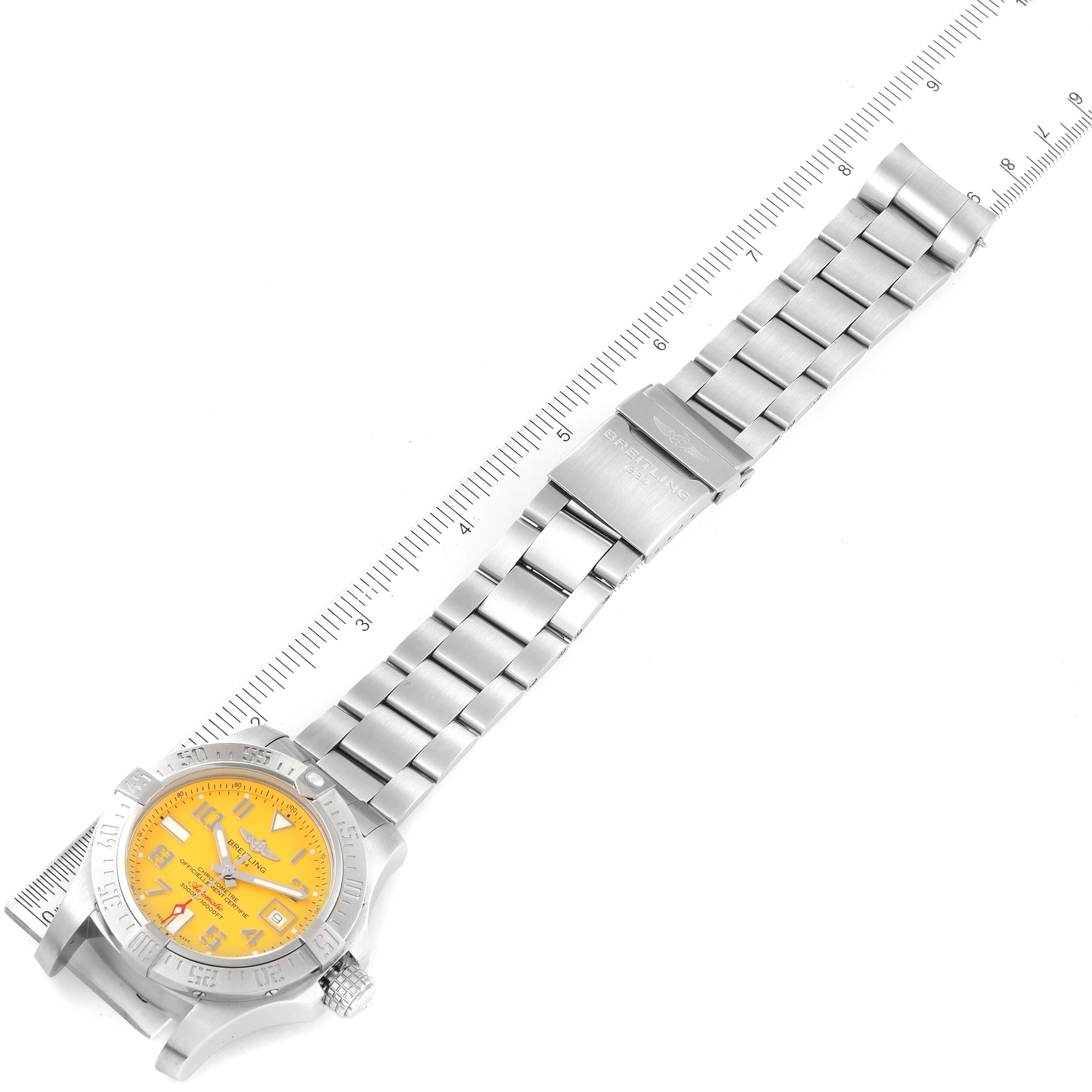 The image shows a top-down view of a Breitling Avenger A17331 Men's Stainless Steel Yellow Dial A17331 Men's Stainless Steel Yellow Dial watch with a yellow dial and stainless steel bracelet.