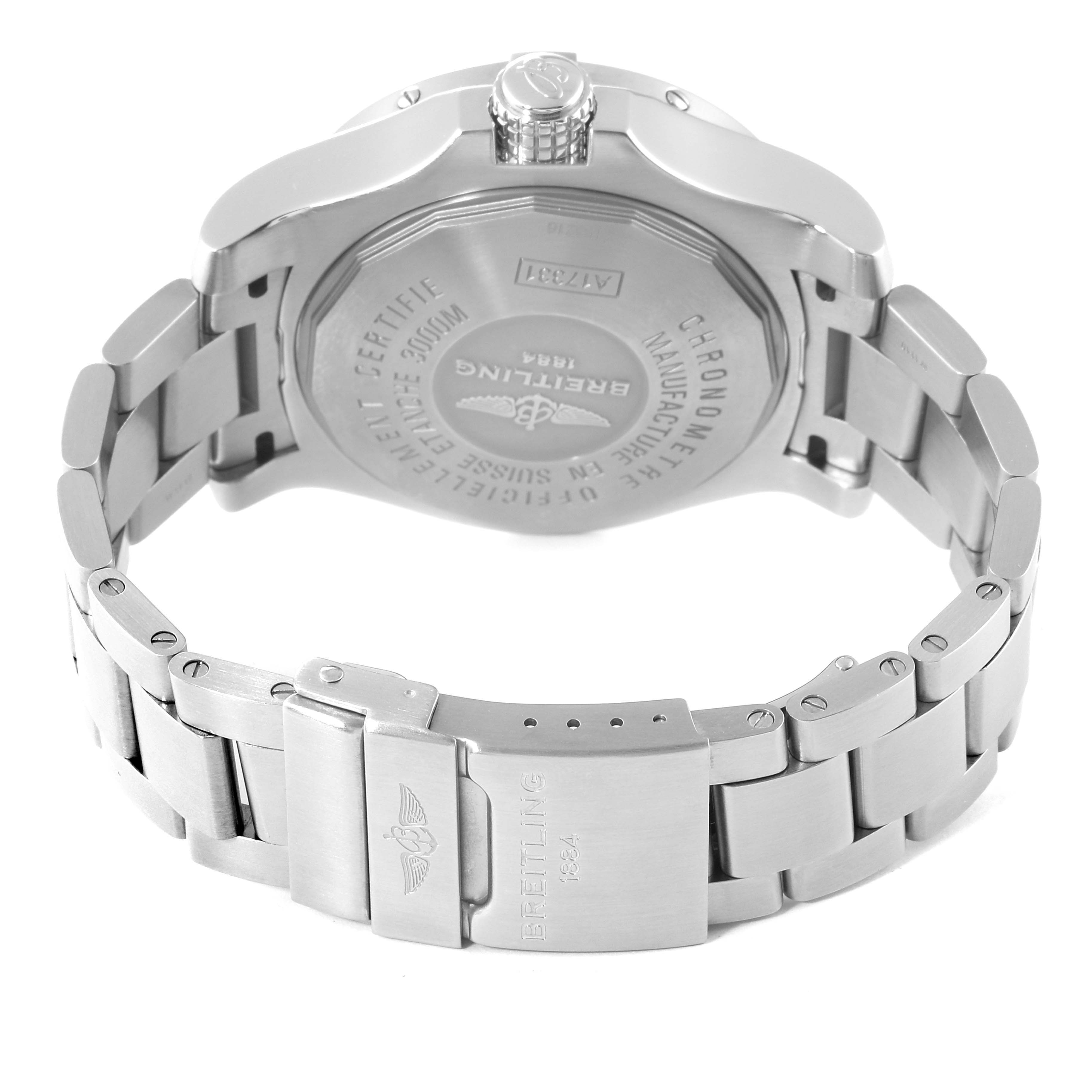 The image shows the back case and bracelet clasp of a Breitling Avenger A17331 Men's Stainless Steel Yellow Dial A17331 Men's Stainless Steel Yellow Dial watch from a rear-angle view.