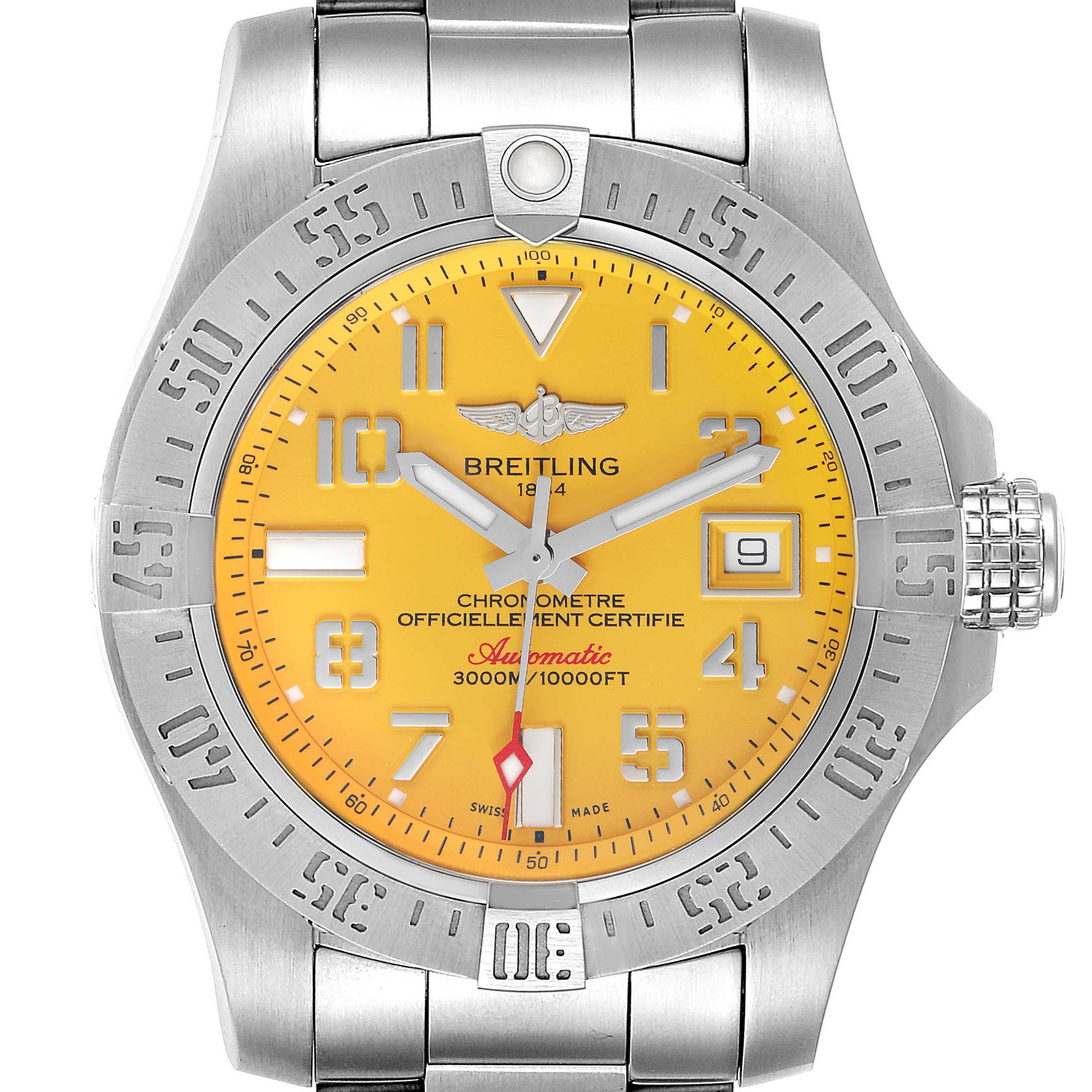 This image shows a front view of a Breitling Avenger A17331 Men's Stainless Steel Yellow Dial A17331 Men's Stainless Steel Yellow Dial watch with a yellow dial, silver hands, bezel, and a metal bracelet.