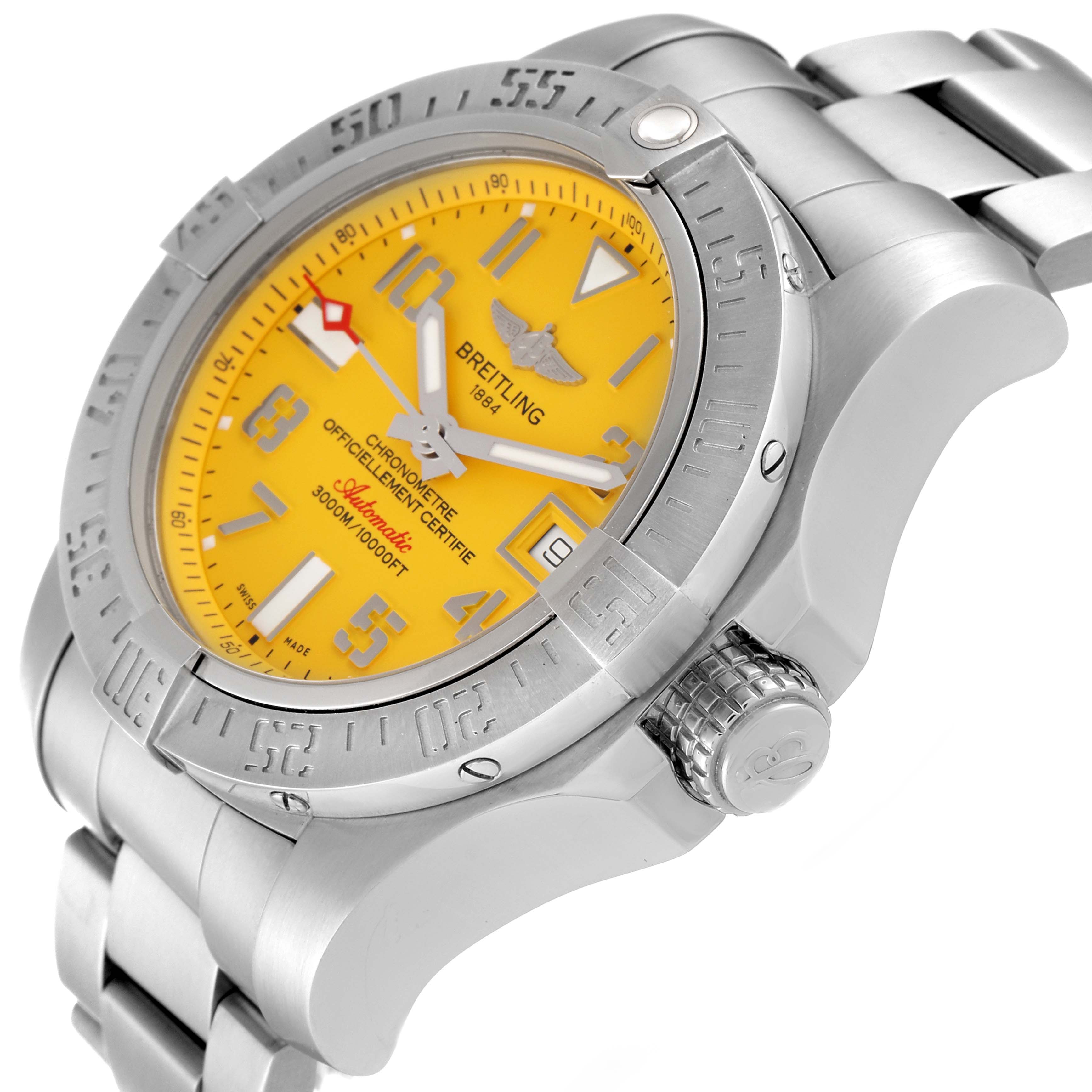 The image shows a side and partial front angle of a Breitling Avenger A17331 Men's Stainless Steel Yellow Dial A17331 Men's Stainless Steel Yellow Dial watch, highlighting its yellow dial, bezel, and crown.
