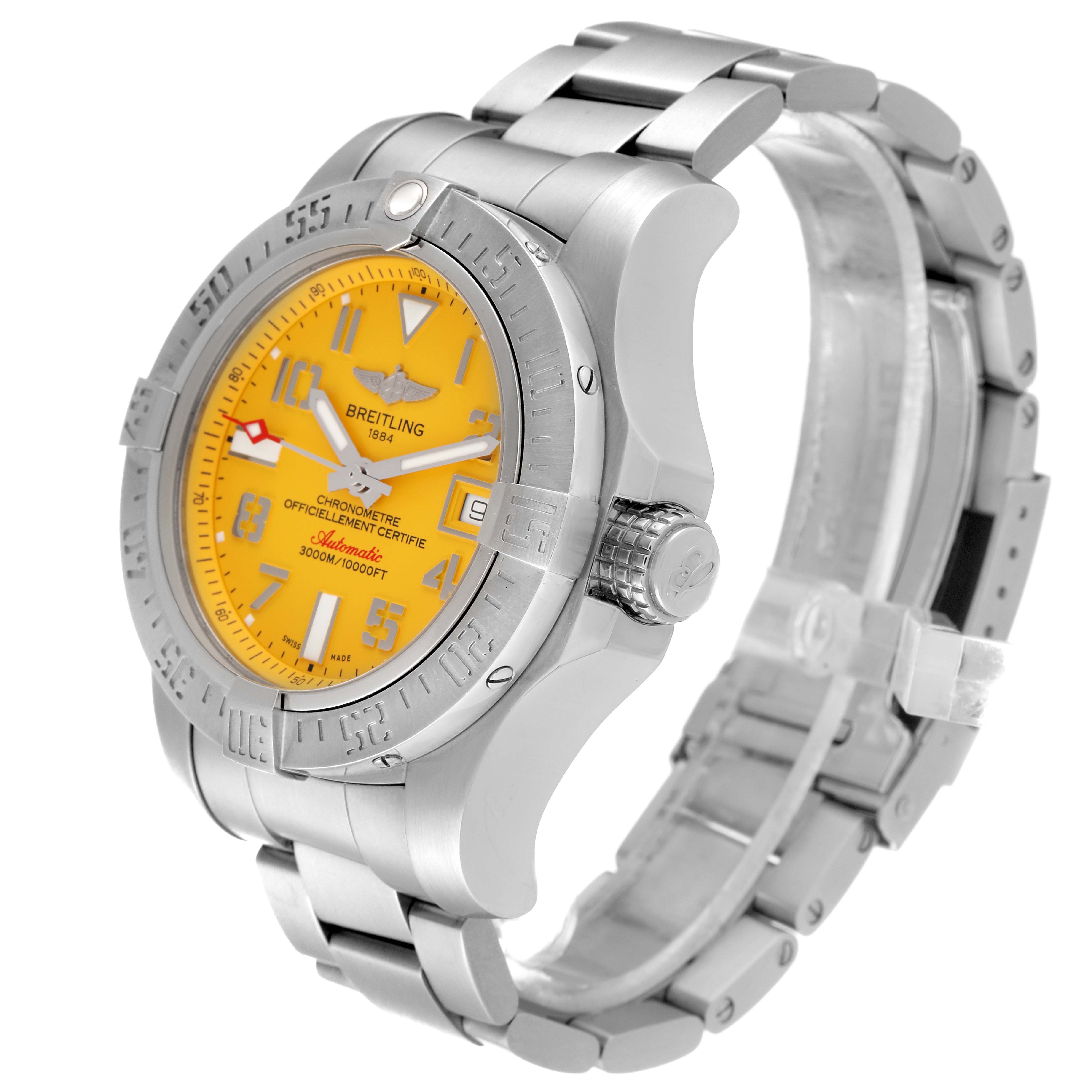 This Breitling Avenger A17331 Men's Stainless Steel Yellow Dial A17331 Men's Stainless Steel Yellow Dial watch is shown at an oblique angle, displaying the face, case, bezel, crown, and part of the bracelet.