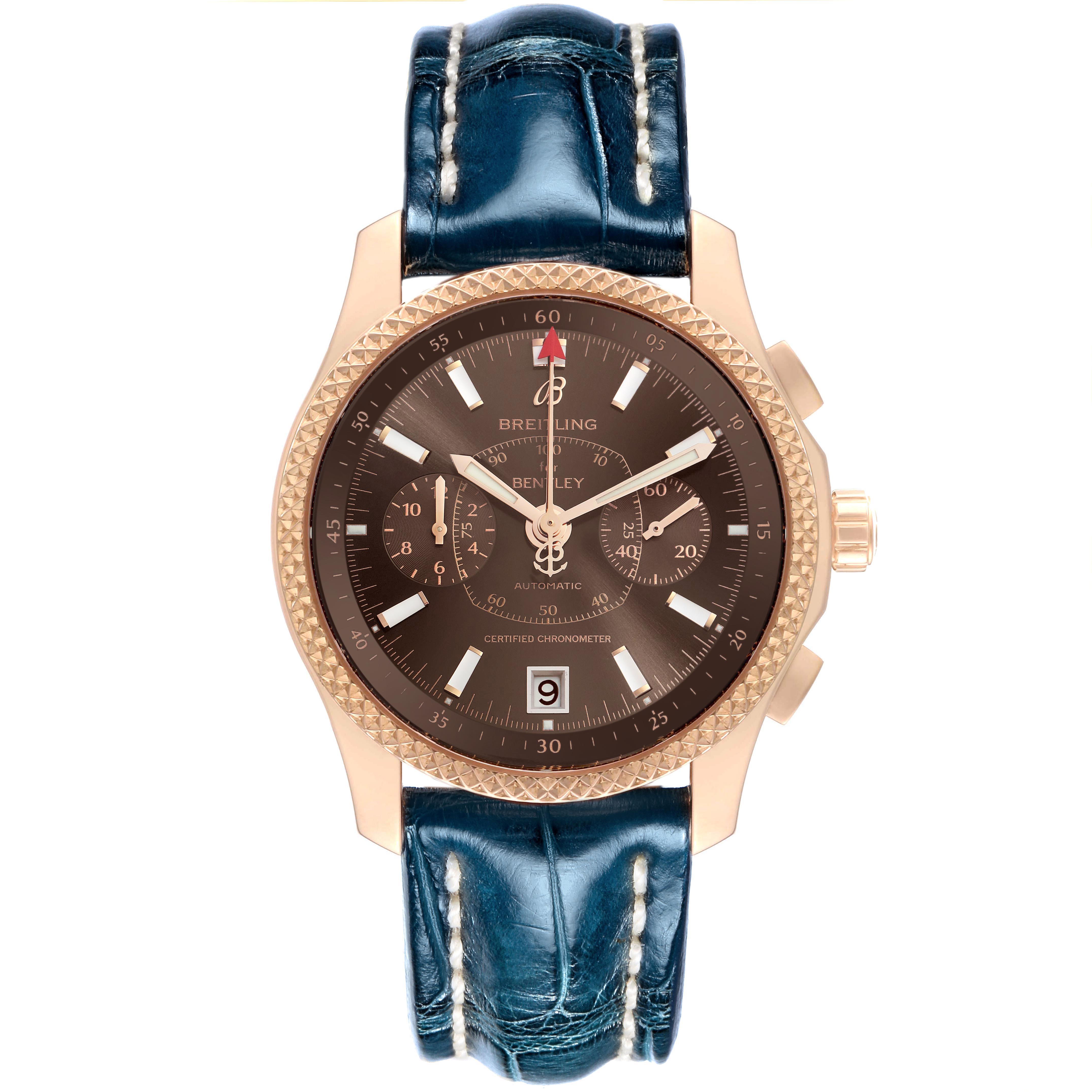 The Breitling Bentley R26362 Men's Rose Gold Brown Dial R26362 Men's Rose Gold Brown Dial watch is shown from the front, highlighting the dial, bezel, and blue leather strap.