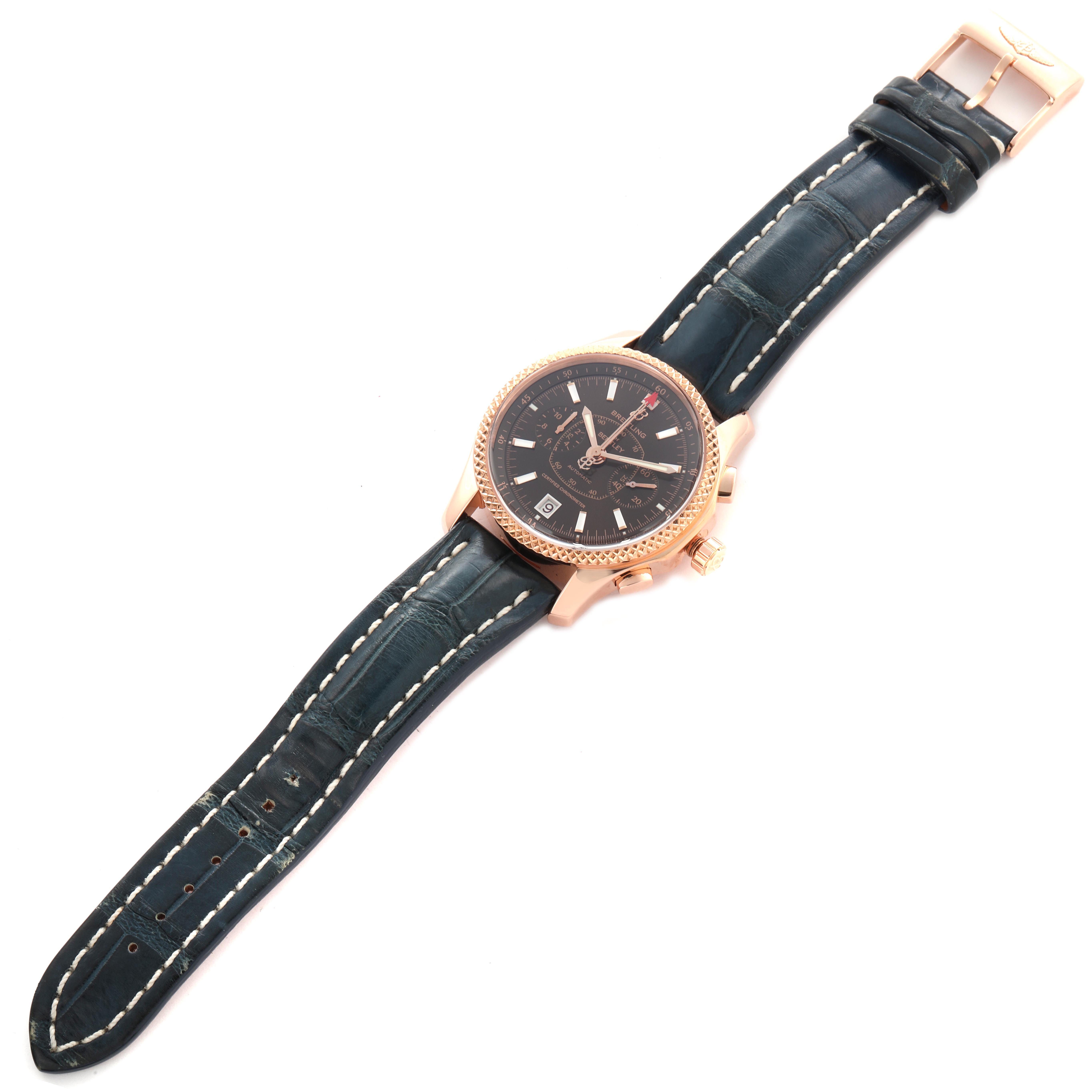 The Breitling Bentley R26362 Men's Rose Gold Brown Dial R26362 Men's Rose Gold Brown Dial watch is shown from a top-down angle, displaying the watch face, case, crown, and leather strap clearly.