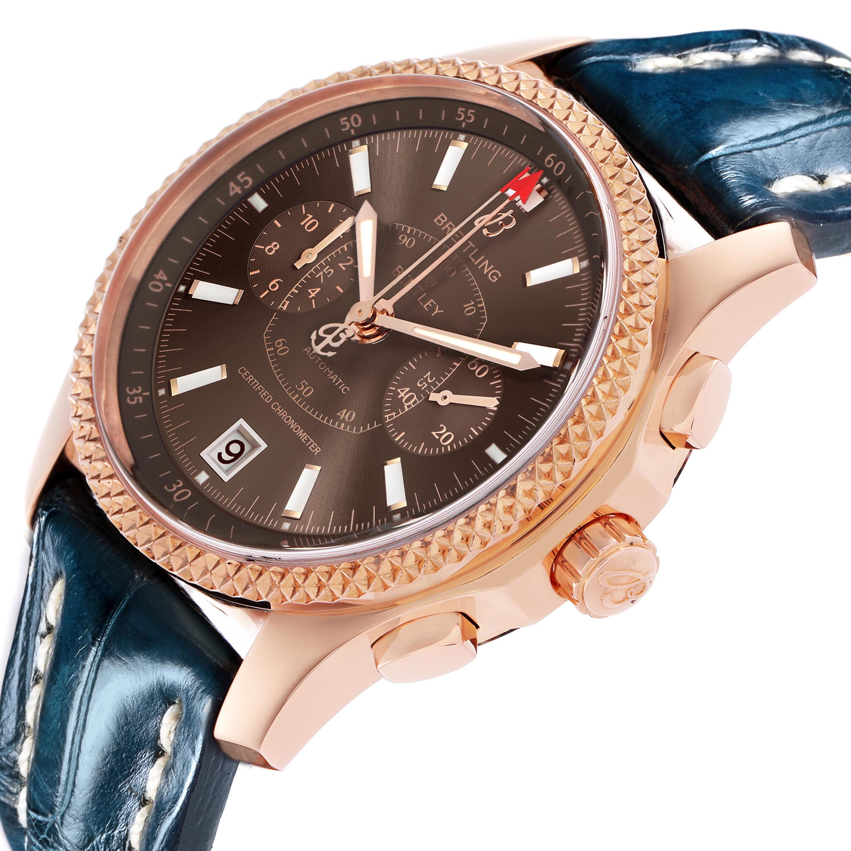 The Breitling Bentley R26362 Men's Rose Gold Brown Dial R26362 Men's Rose Gold Brown Dial watch is shown at an angle highlighting the dial, bezel, and crown, with a partial view of the blue strap.