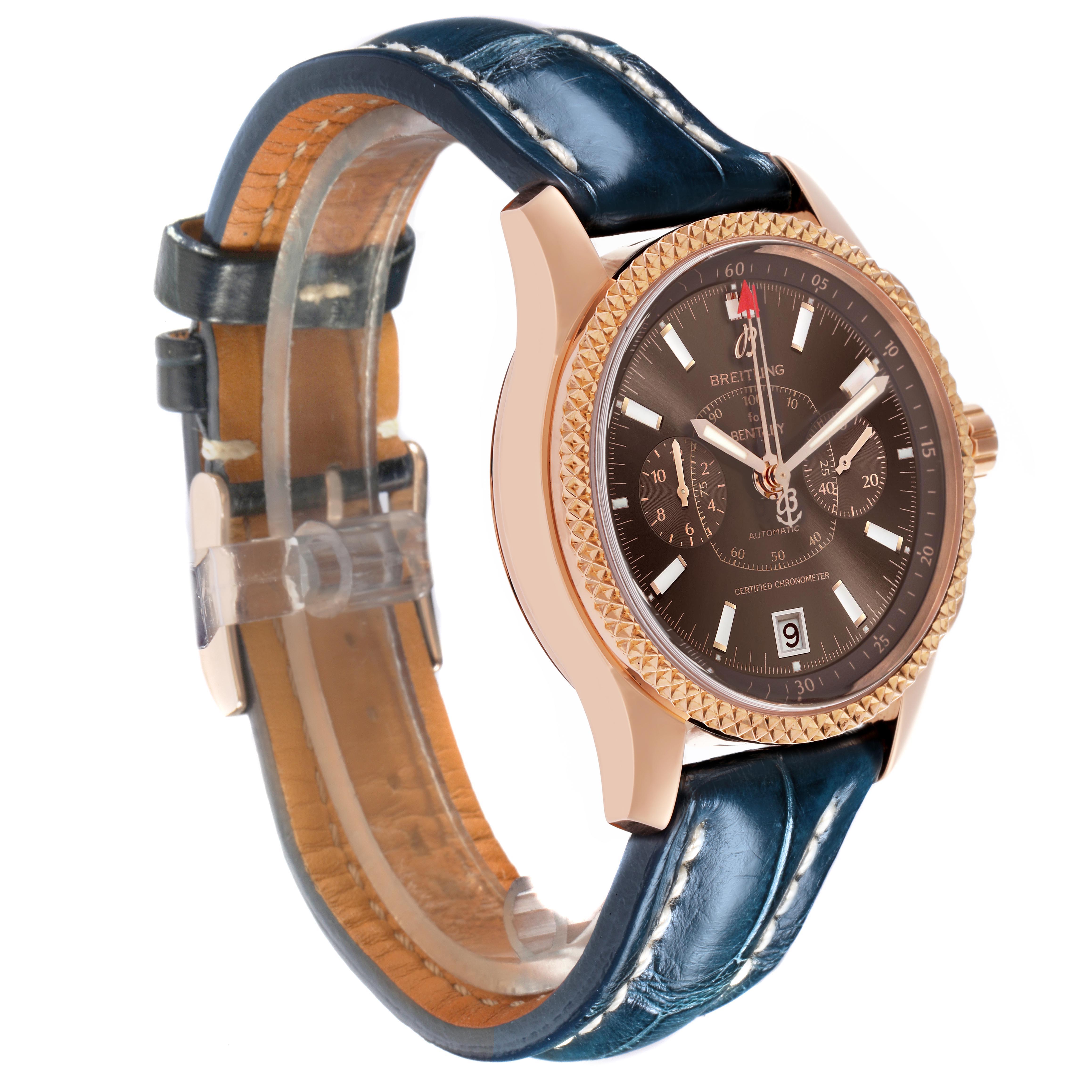 The Breitling Bentley R26362 Men's Rose Gold Brown Dial R26362 Men's Rose Gold Brown Dial watch is shown at a three-quarter angle, highlighting the face, bezel, and blue leather strap.