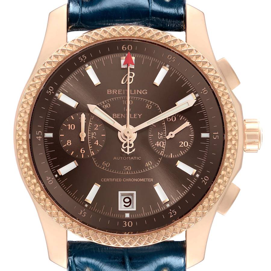 The Breitling Bentley watch is shown from a front angle, highlighting its dial, subdials, and case details.