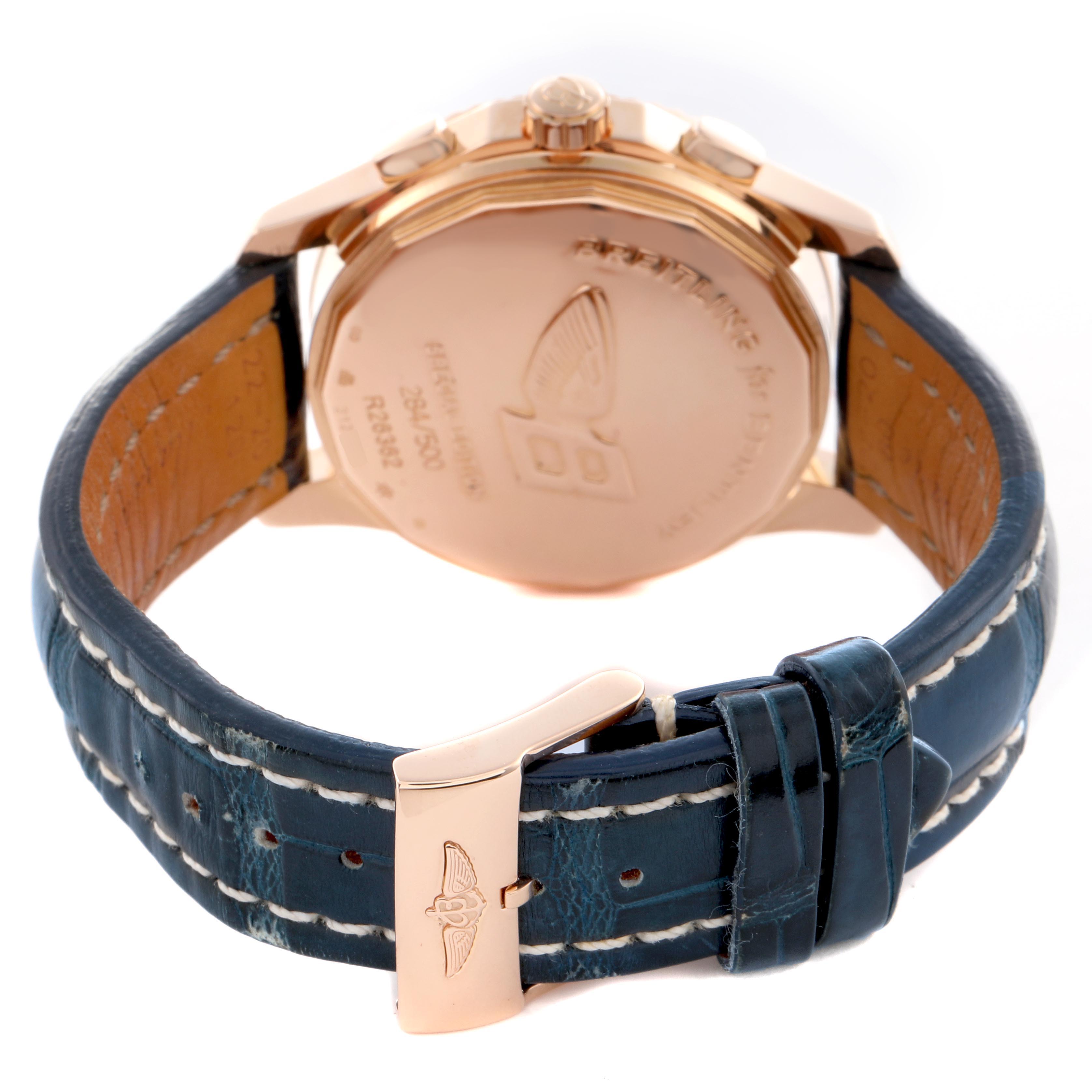 The Breitling Bentley R26362 Men's Rose Gold Brown Dial R26362 Men's Rose Gold Brown Dial watch is shown from the back, highlighting the clasp, strap, and case back.