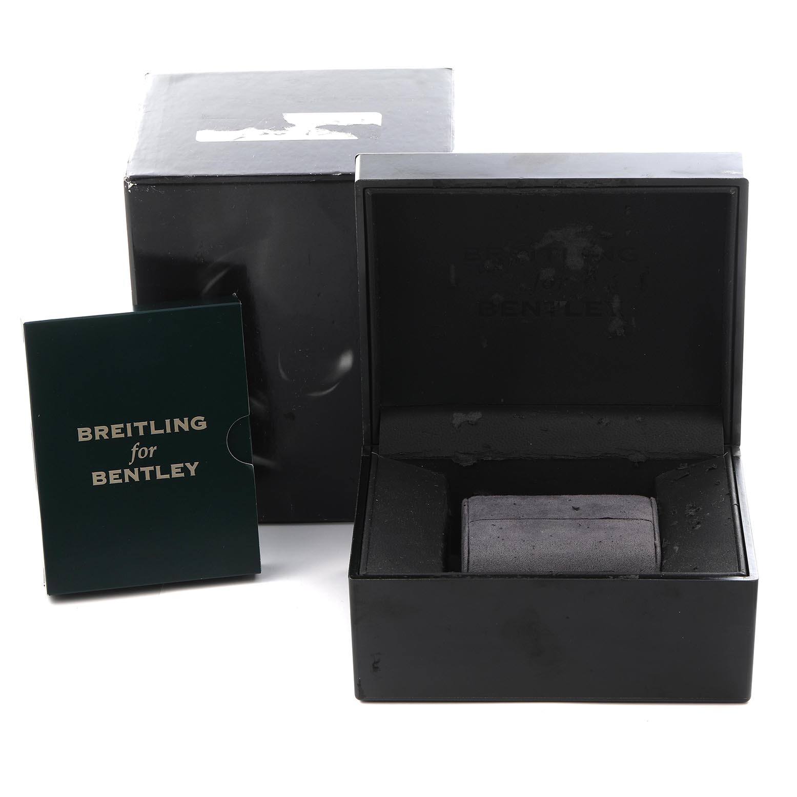 The image shows the open box and booklet for a Breitling for Bentley watch, viewed from the front.