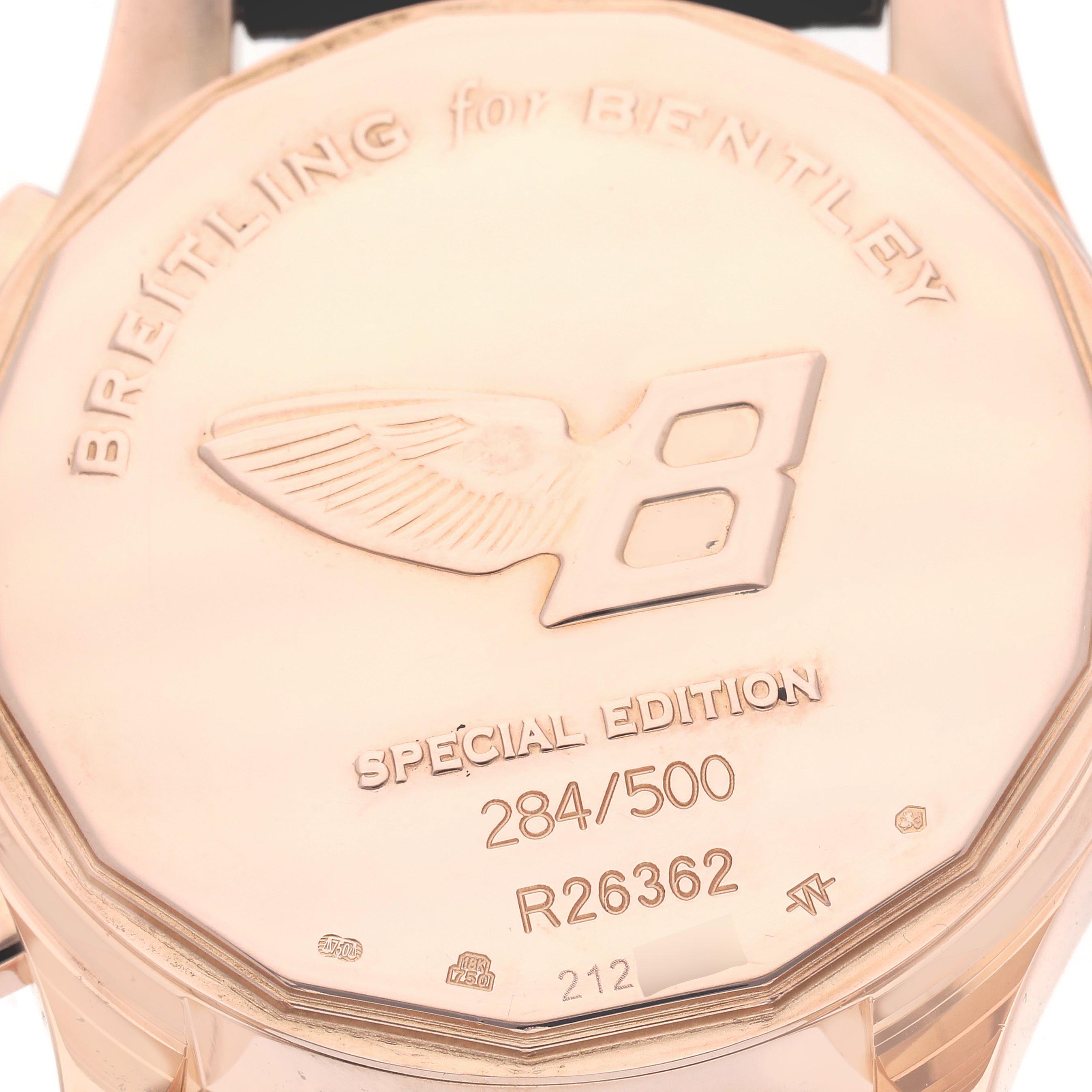 The image shows the case back of a Breitling for Bentley watch, highlighting the engraved logo and limited edition details.