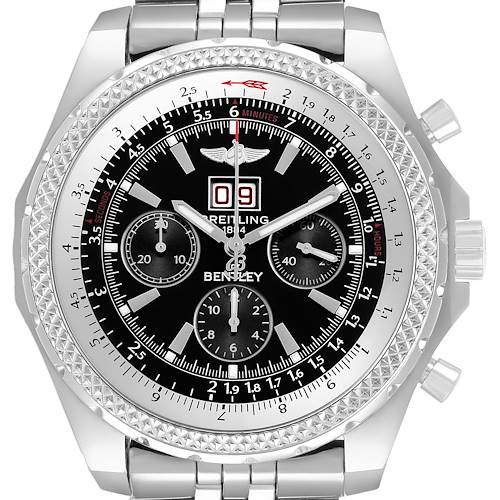 The Breitling Bentley A44362 Men's Stainless Steel Black Dial watch is shown from a front angle, displaying its face, bezel, sub-dials, and part of the bracelet.