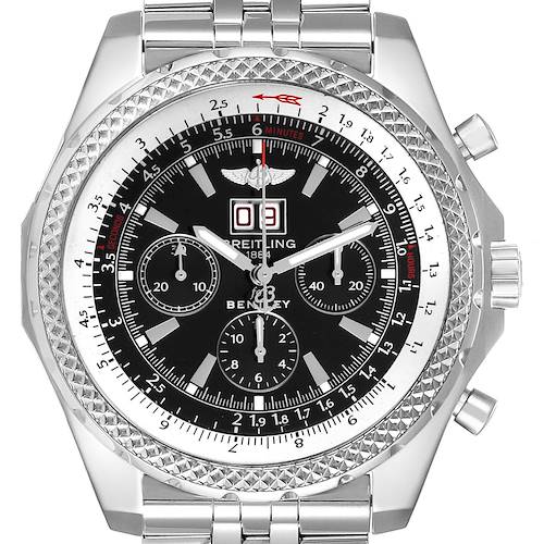 The Breitling Bentley A44362 Men's Stainless Steel Black Dial watch is shown from a front angle, displaying the face, bezel, and part of the bracelet.
