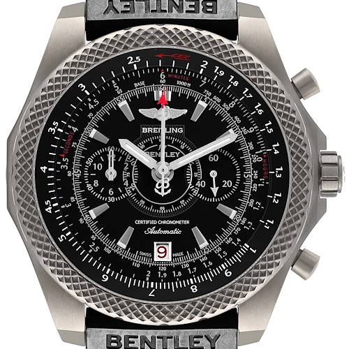 The Breitling Bentley E27365 Men's Titanium Black Dial watch is shown from a front angle, highlighting its intricate dial, bezel, and pushers.