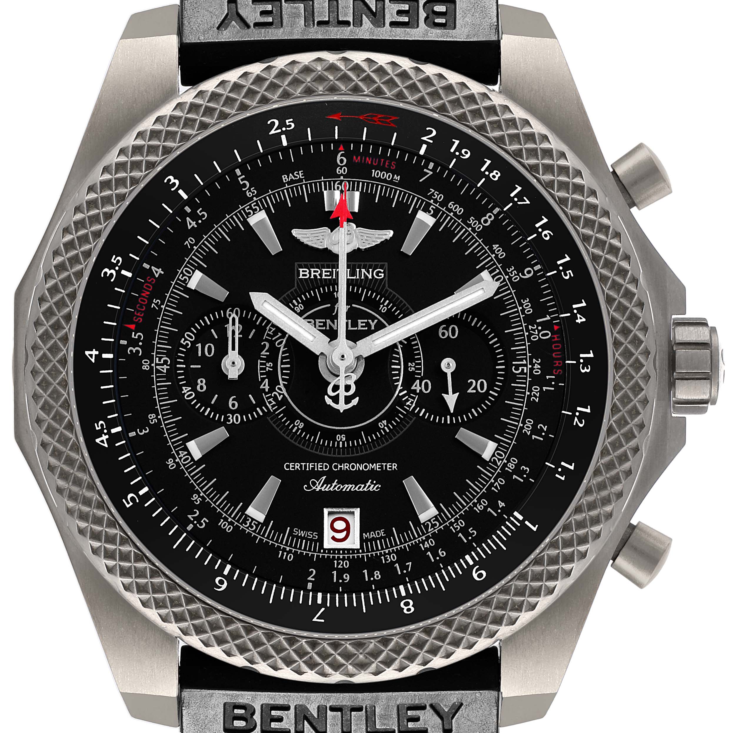 The Breitling Bentley E27365 Men's Titanium Black Dial watch is shown from the front, highlighting its intricate dial, subdials, bezel, and crown.
