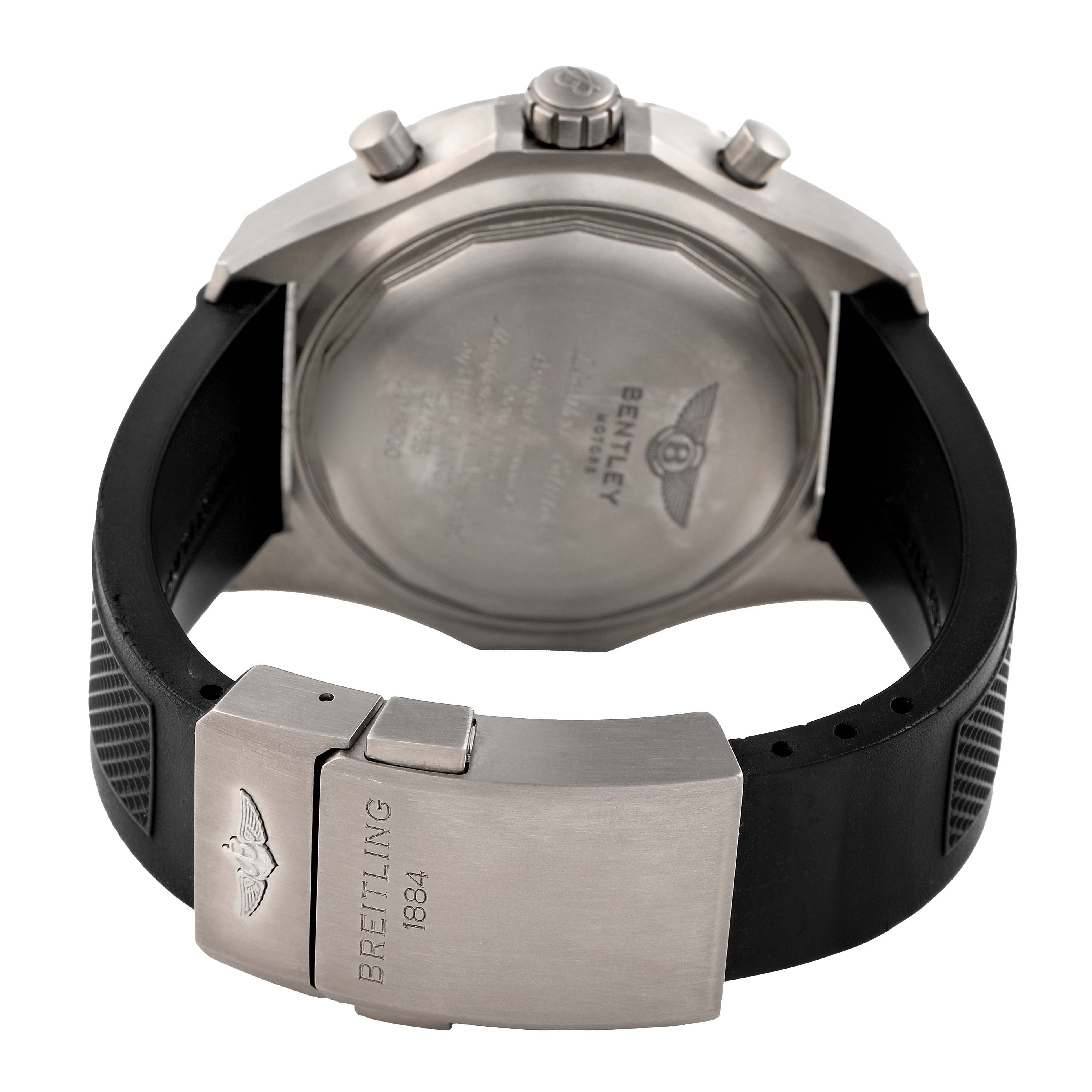 The image shows the back of the Breitling Bentley E27365 Men's Titanium Black Dial watch, featuring the clasp, strap, and caseback.