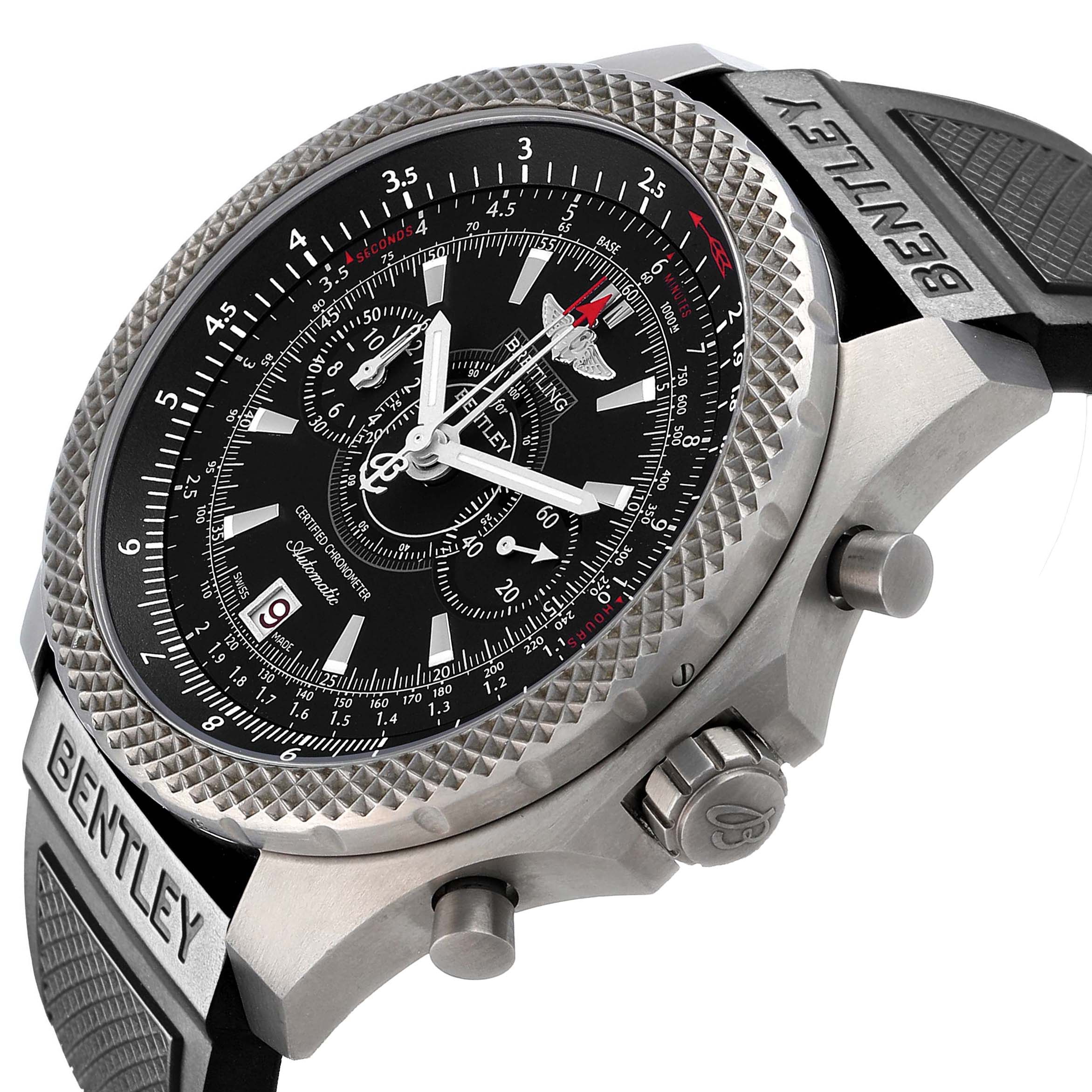 The Breitling Bentley E27365 Men's Titanium Black Dial watch is shown at a three-quarter angle, displaying the bezel, dial, crown, and pushers.