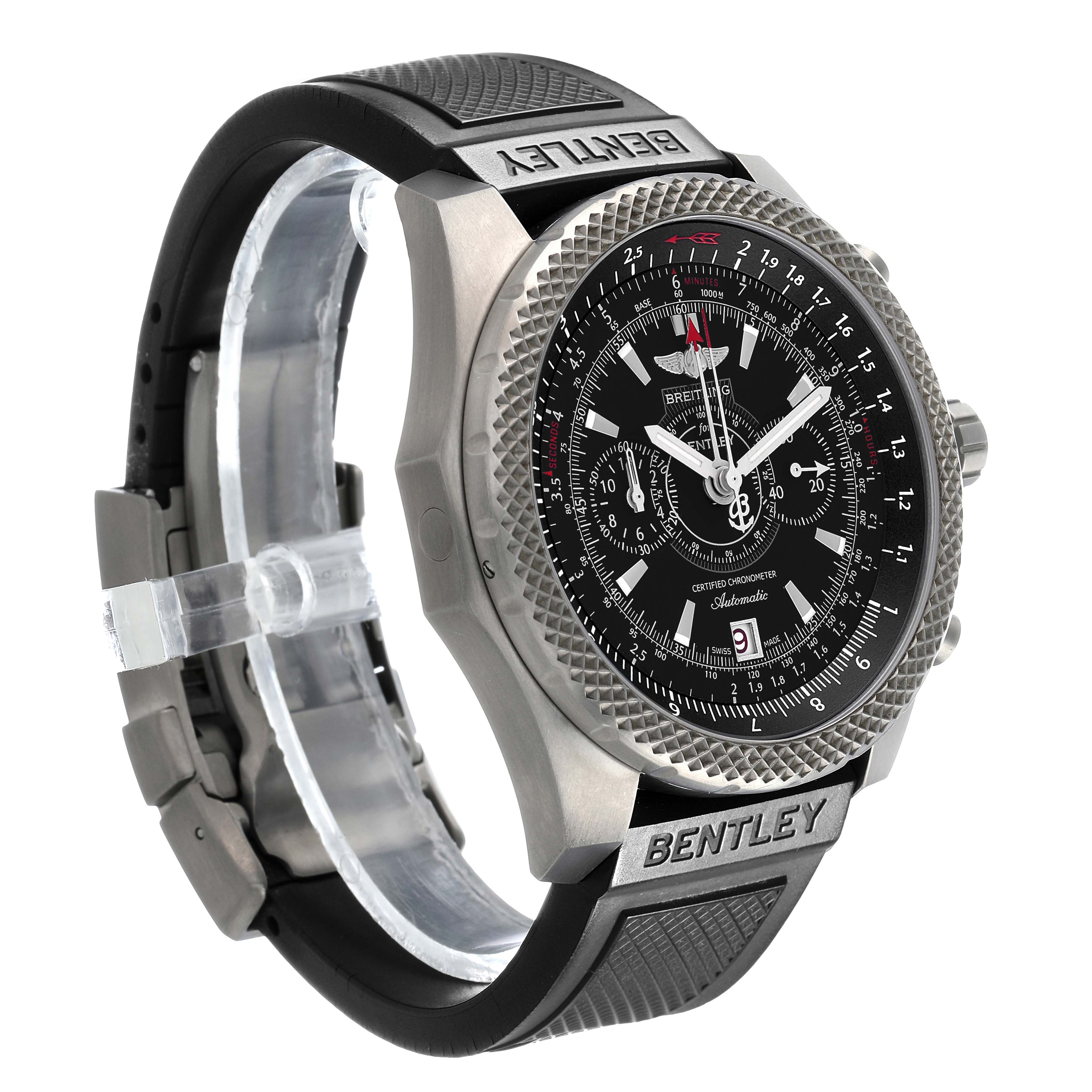 The Breitling Bentley E27365 Men's Titanium Black Dial watch is shown at an angle, featuring the face, bezel, crown, and engraved rubber strap.