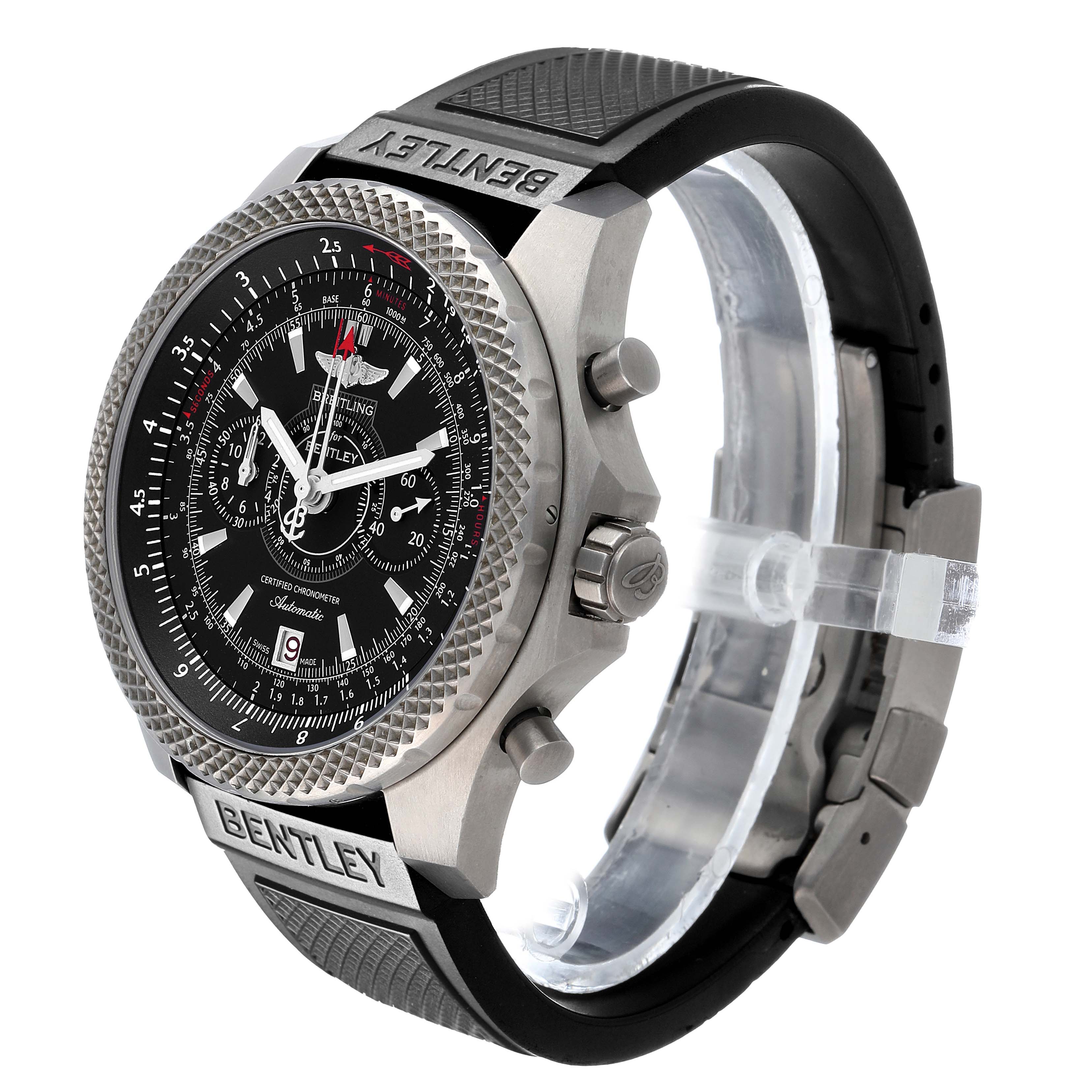 The Breitling Bentley E27365 Men's Titanium Black Dial watch is shown at a three-quarter angle, highlighting the bezel, dial, crown, and pushers.