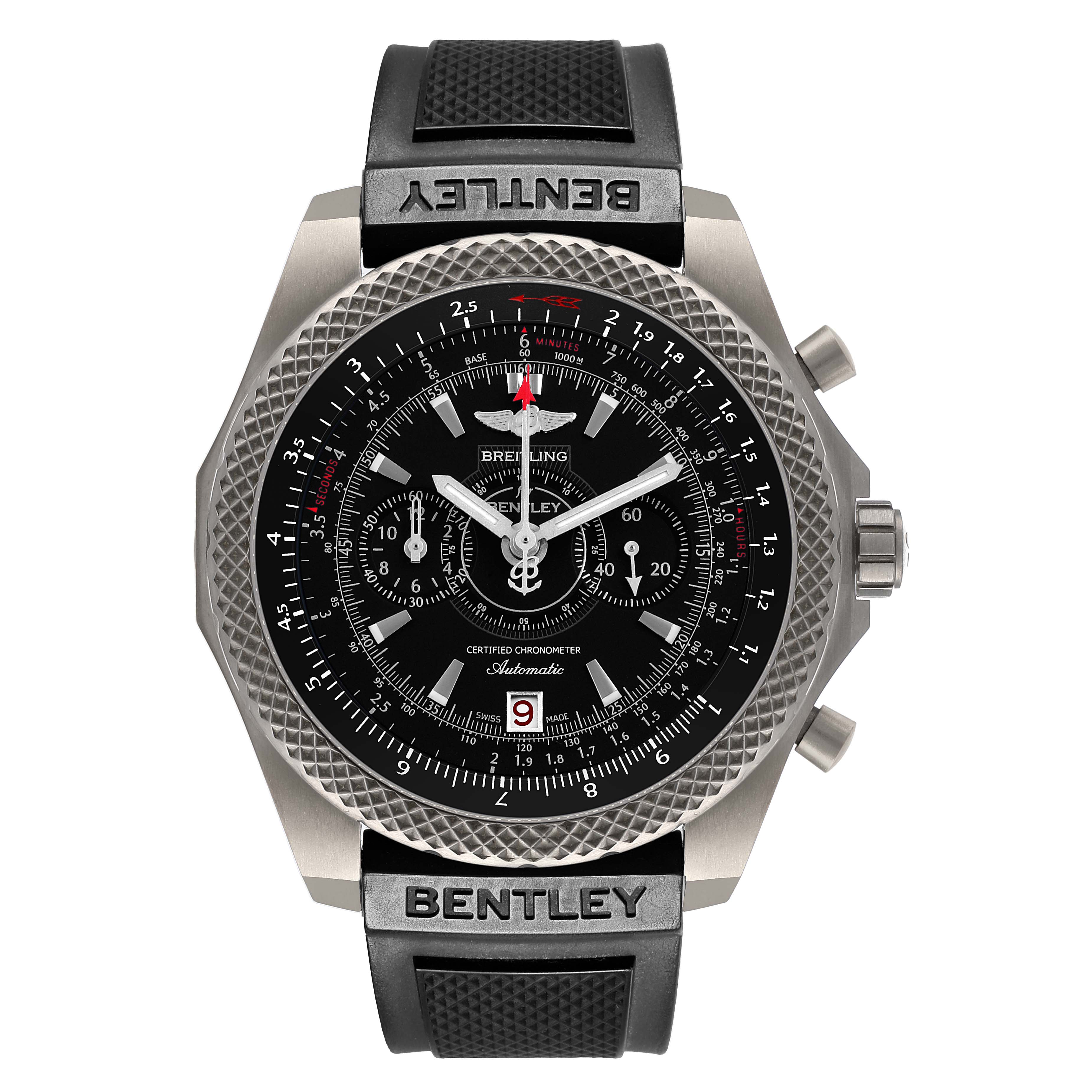 The Breitling Bentley E27365 Men's Titanium Black Dial watch is shown from the front, displaying the dial, bezel, crown, pushers, and strap with branding.