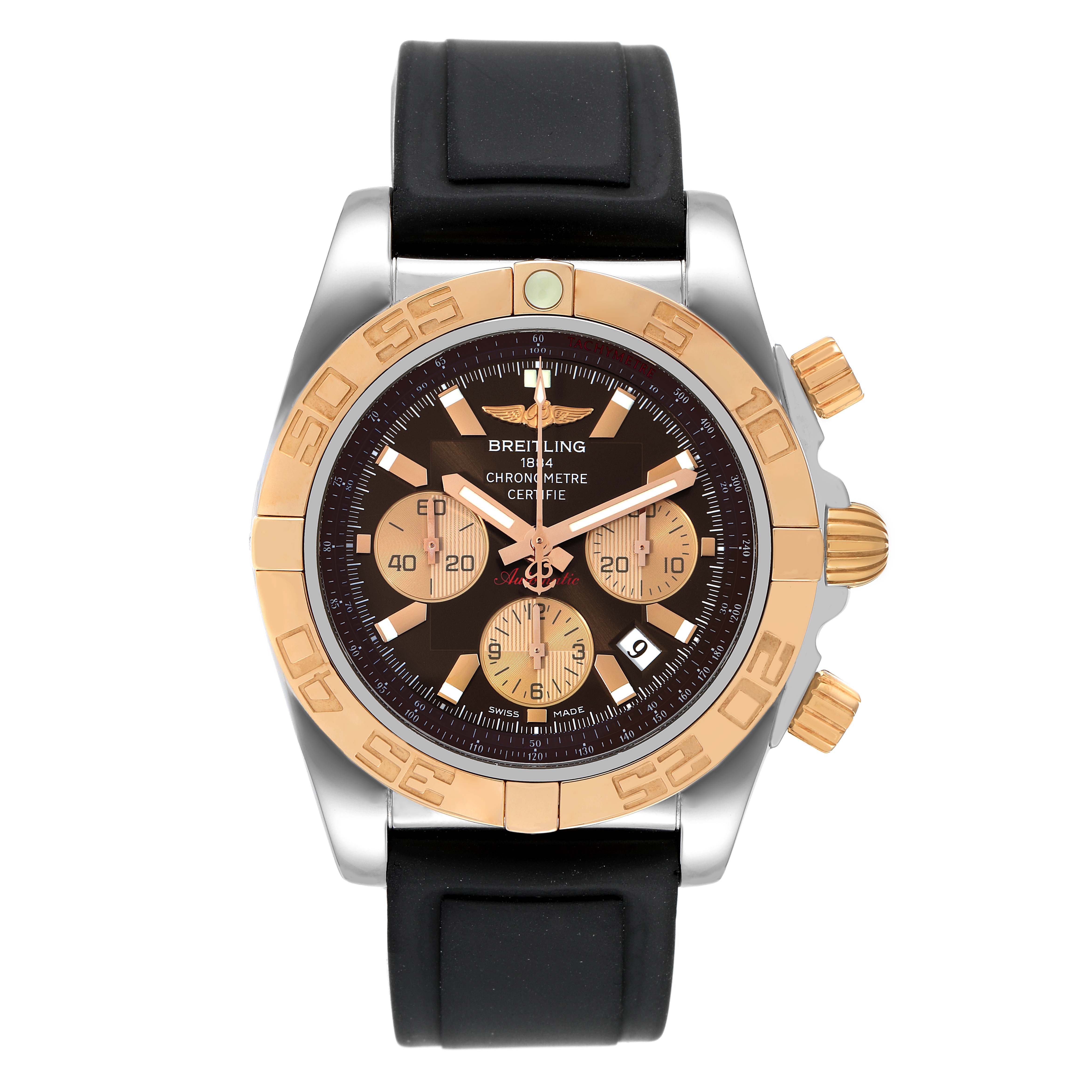 The Breitling Chronomat CB0110 Men's Steel and Gold (two tone) Brown Dial CB0110 Men's Steel and Gold (two tone) Brown Dial watch is shown from a front angle, highlighting its bezel, chronograph sub-dials, and rubber strap.