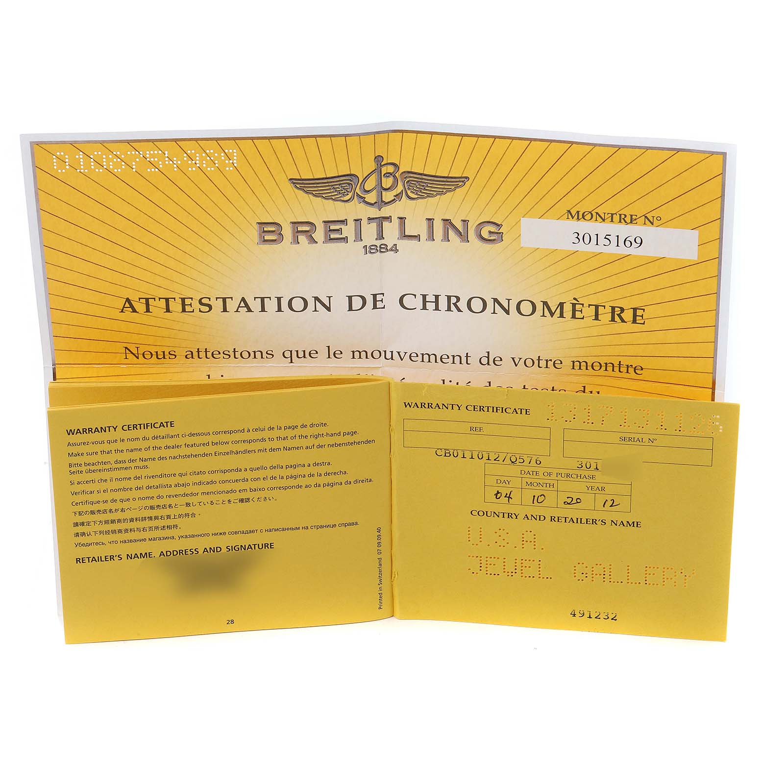 Shown are the warranty certificate and chronometer attestation for a Breitling Chronomat CB0110 Men's Steel and Gold (two tone) Brown Dial CB0110 Men's Steel and Gold (two tone) Brown Dial watch.
