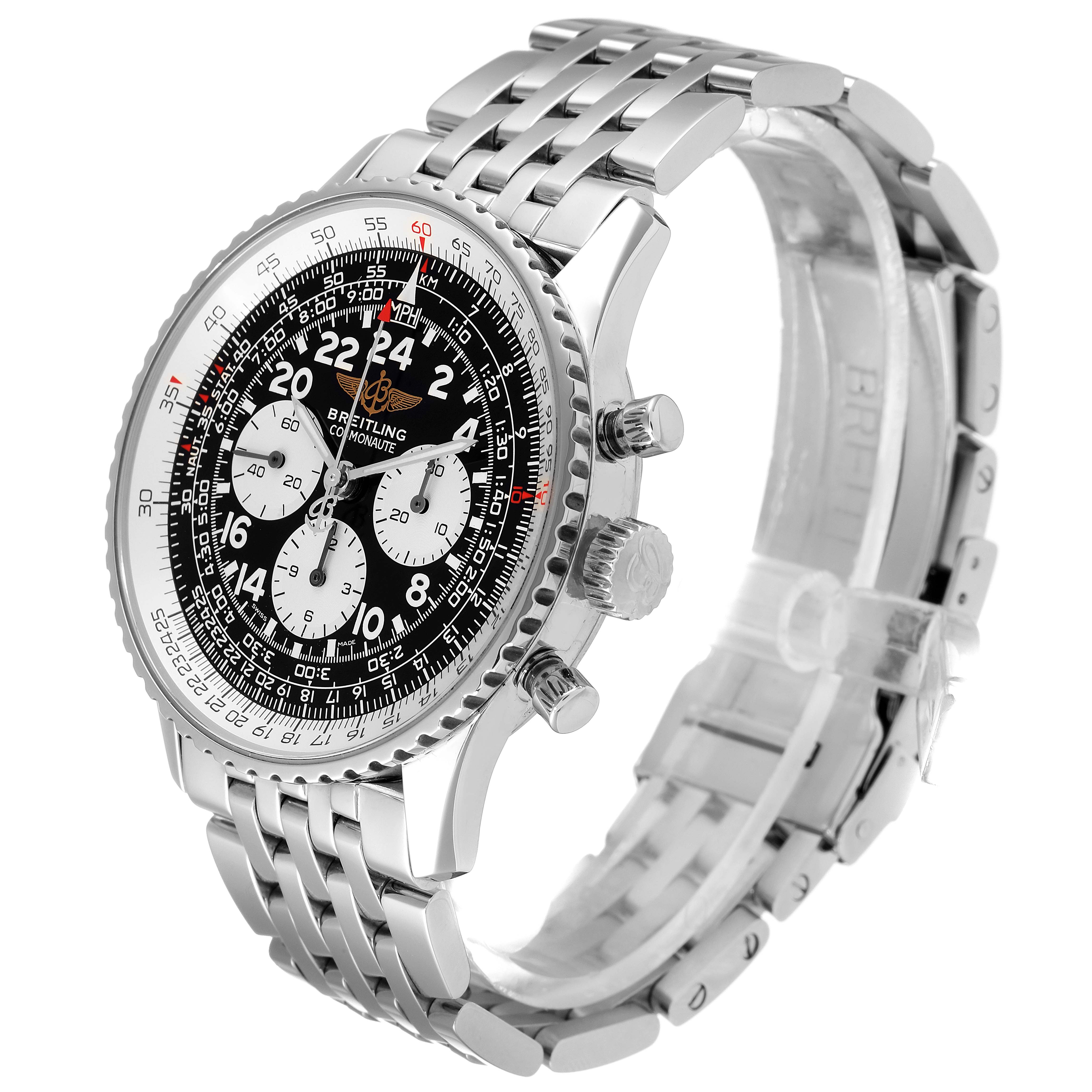 The image shows a side and front angle of the Breitling Navitimer A12322 Men
s Stainless Steel Black Dial A12322 Men
s Stainless Steel Black Dial watch, highlighting its bezel, dial, crown, pushers, and metal bracelet.