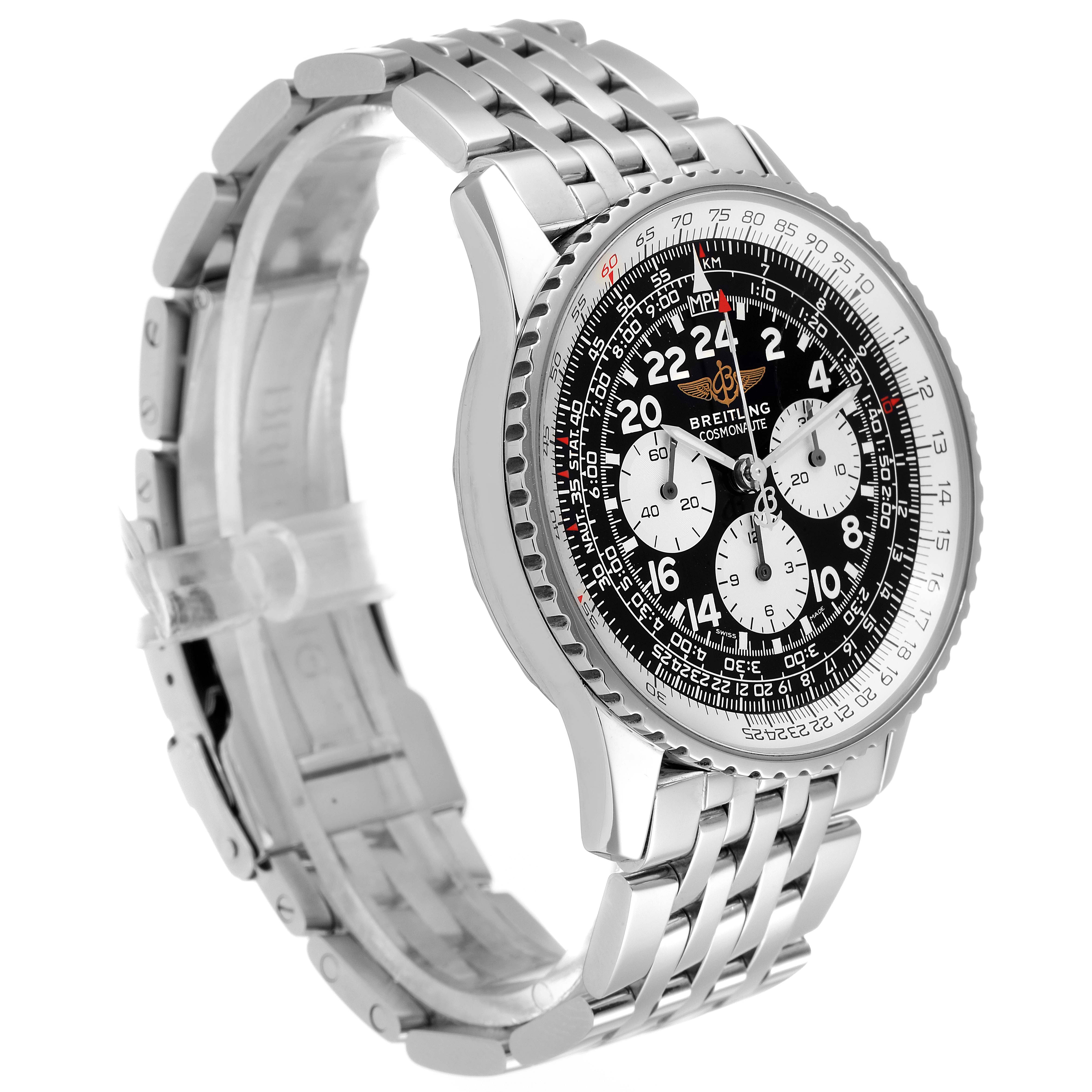 The image shows a three-quarter angle view of a Breitling Navitimer A12322 Men
s Stainless Steel Black Dial A12322 Men
s Stainless Steel Black Dial watch, displaying its face and metal bracelet.