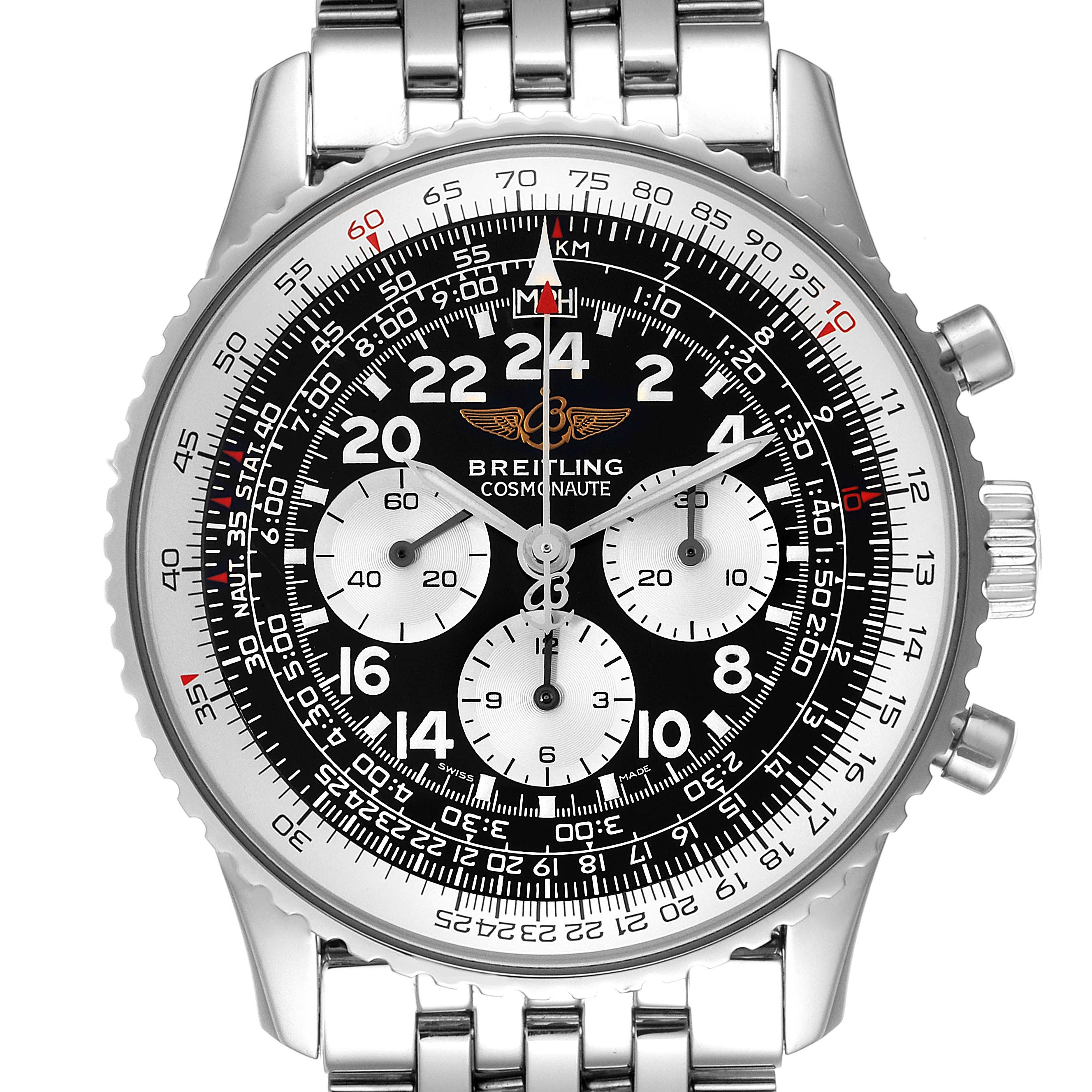 The image shows a frontal view of a Breitling Navitimer A12322 Men
s Stainless Steel Black Dial A12322 Men
s Stainless Steel Black Dial watch, highlighting the dial, bezel, three sub-dials, and bracelet.
