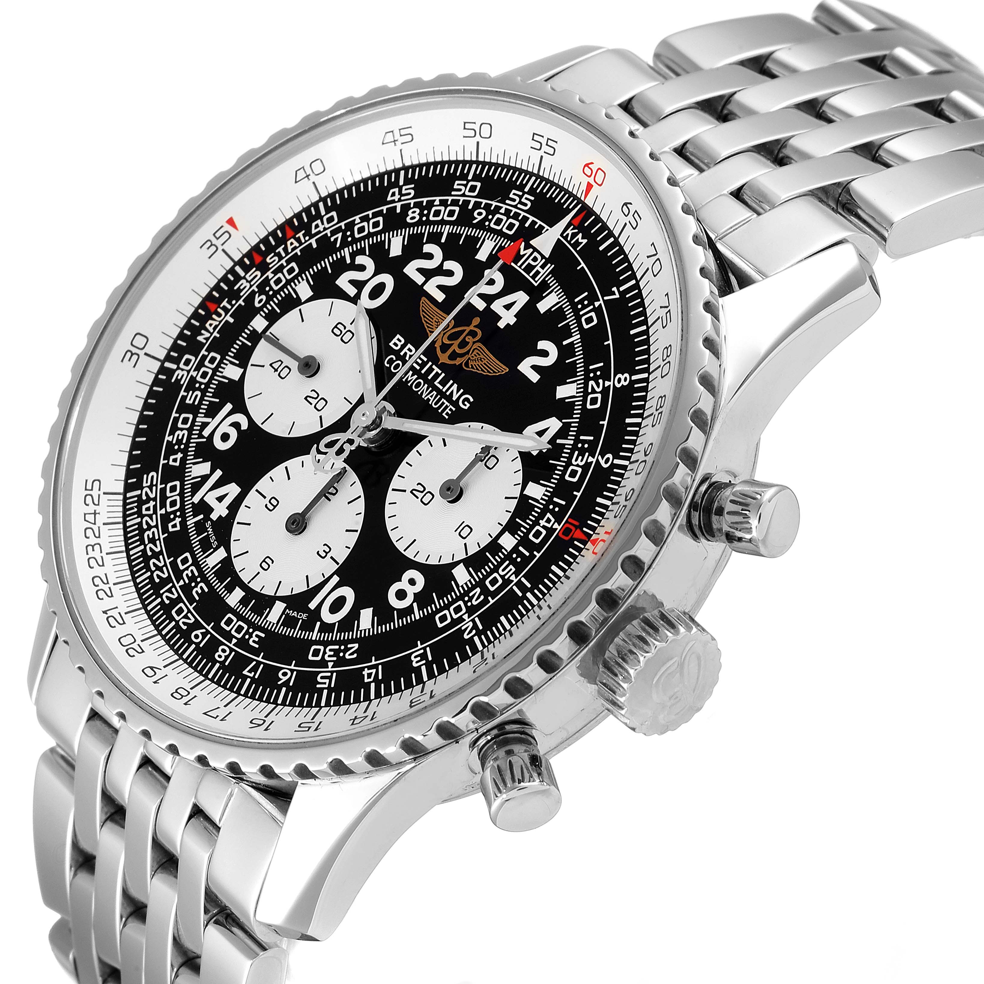 The image shows a close-up angled view of a Breitling Navitimer A12322 Men
s Stainless Steel Black Dial A12322 Men
s Stainless Steel Black Dial watch, displaying the face, chronograph dials, bezel, and part of the bracelet.