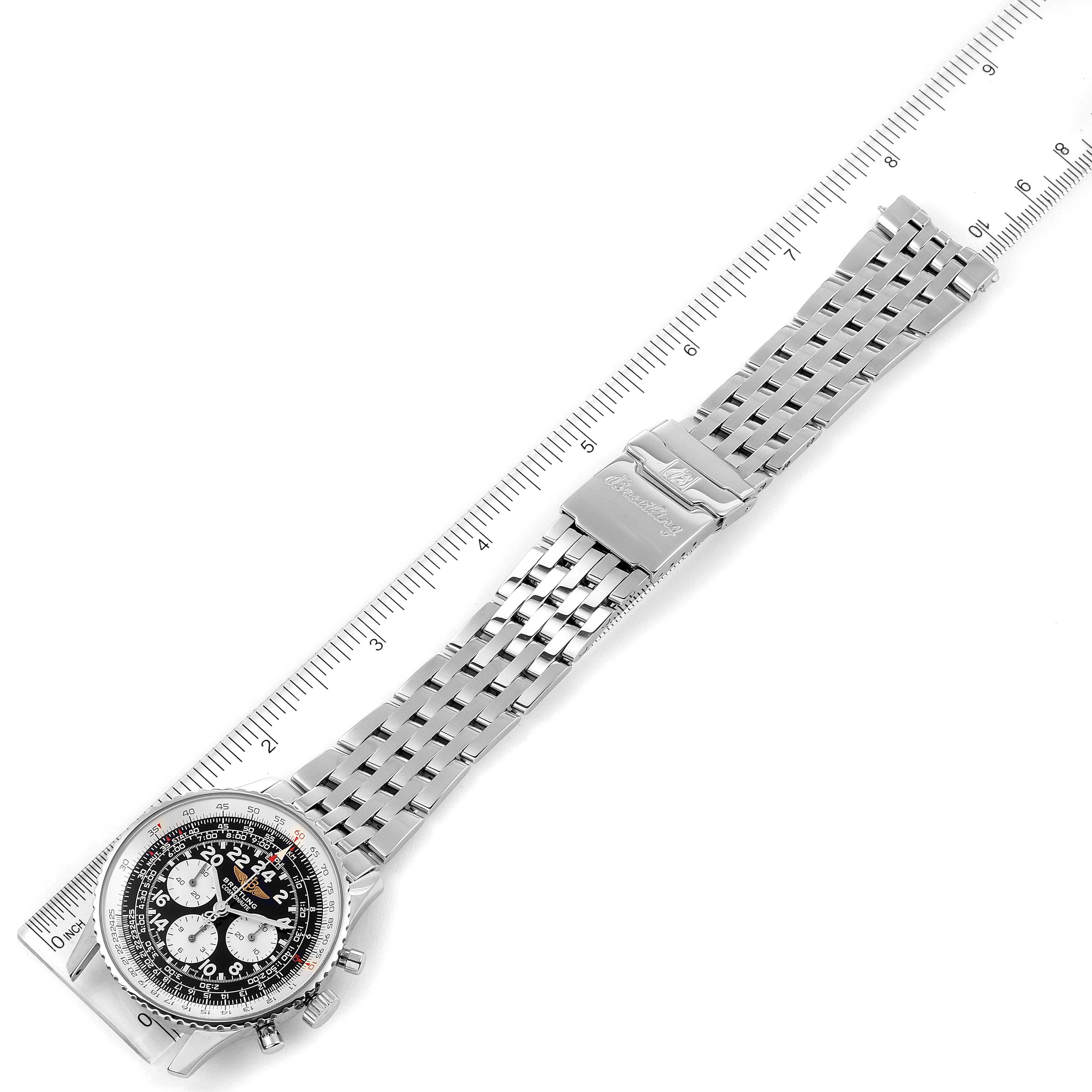 The image shows a top view of a Breitling Navitimer A12322 Men
s Stainless Steel Black Dial A12322 Men
s Stainless Steel Black Dial watch, featuring its entire stainless steel bracelet and clasp.