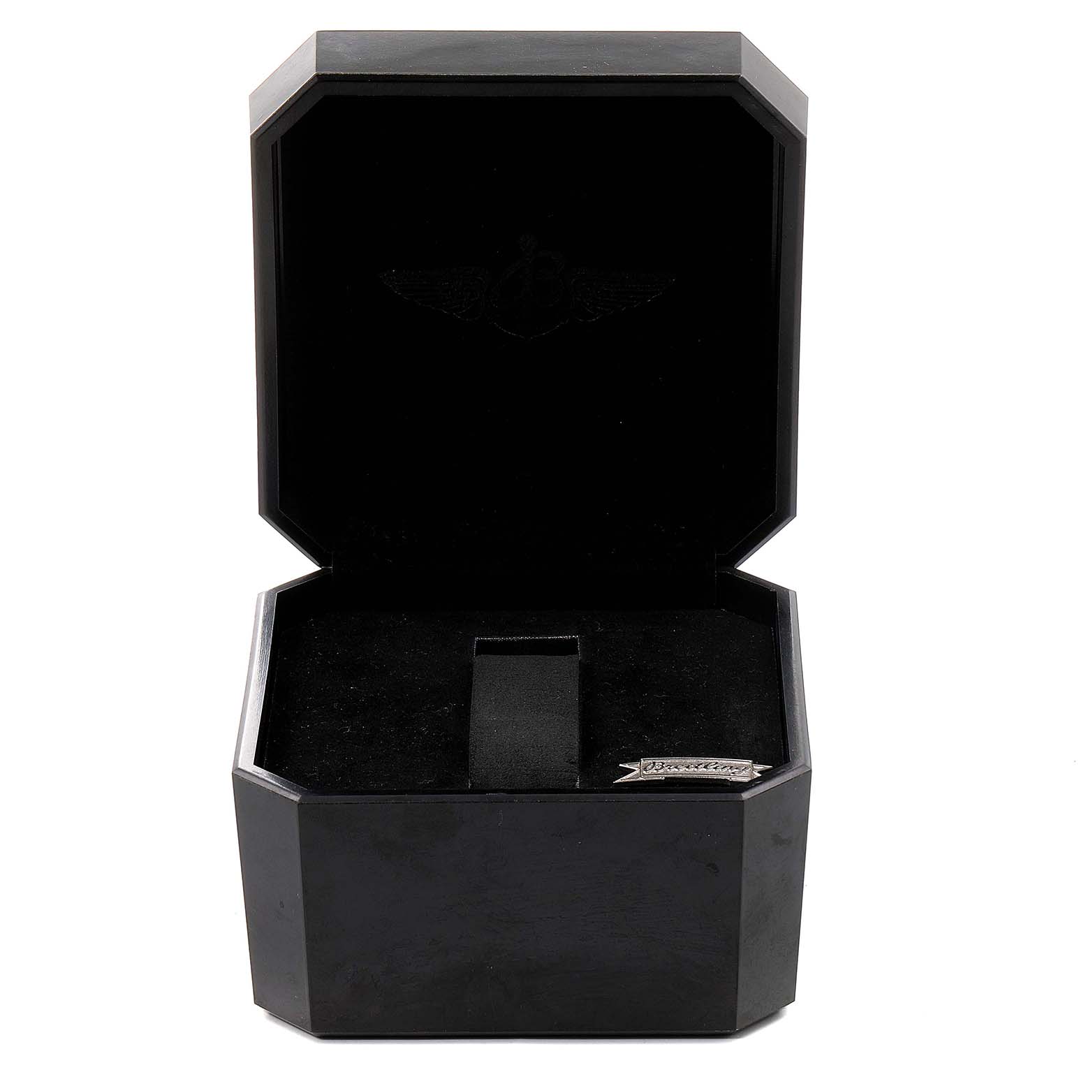 This image shows a black Breitling Navitimer A12322 Men
s Stainless Steel Black Dial A12322 Men
s Stainless Steel Black Dial watch box, open and angled from the front.