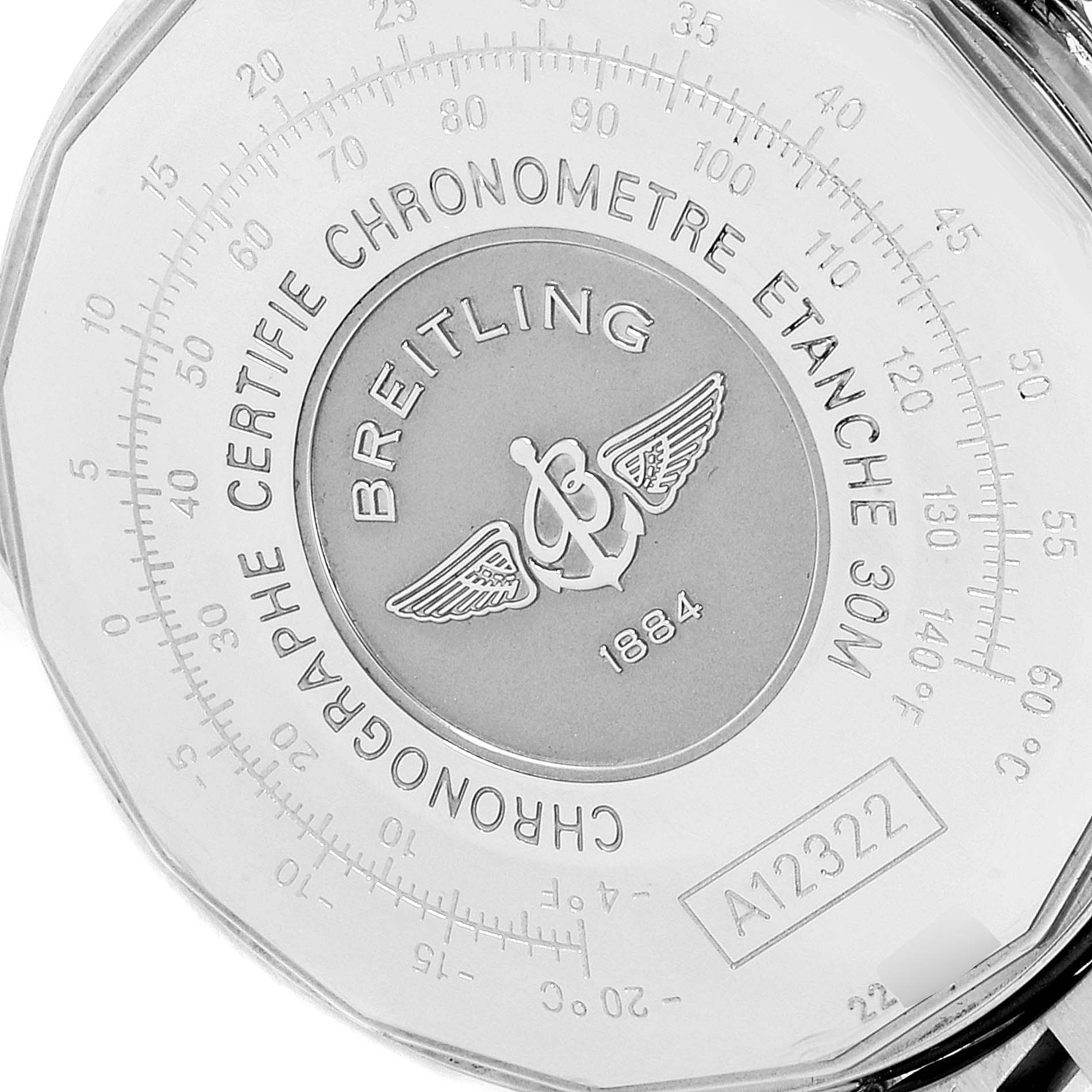 This image shows the back of a Breitling Navitimer A12322 Men
s Stainless Steel Black Dial A12322 Men
s Stainless Steel Black Dial watch, highlighting its engraving and specifications.