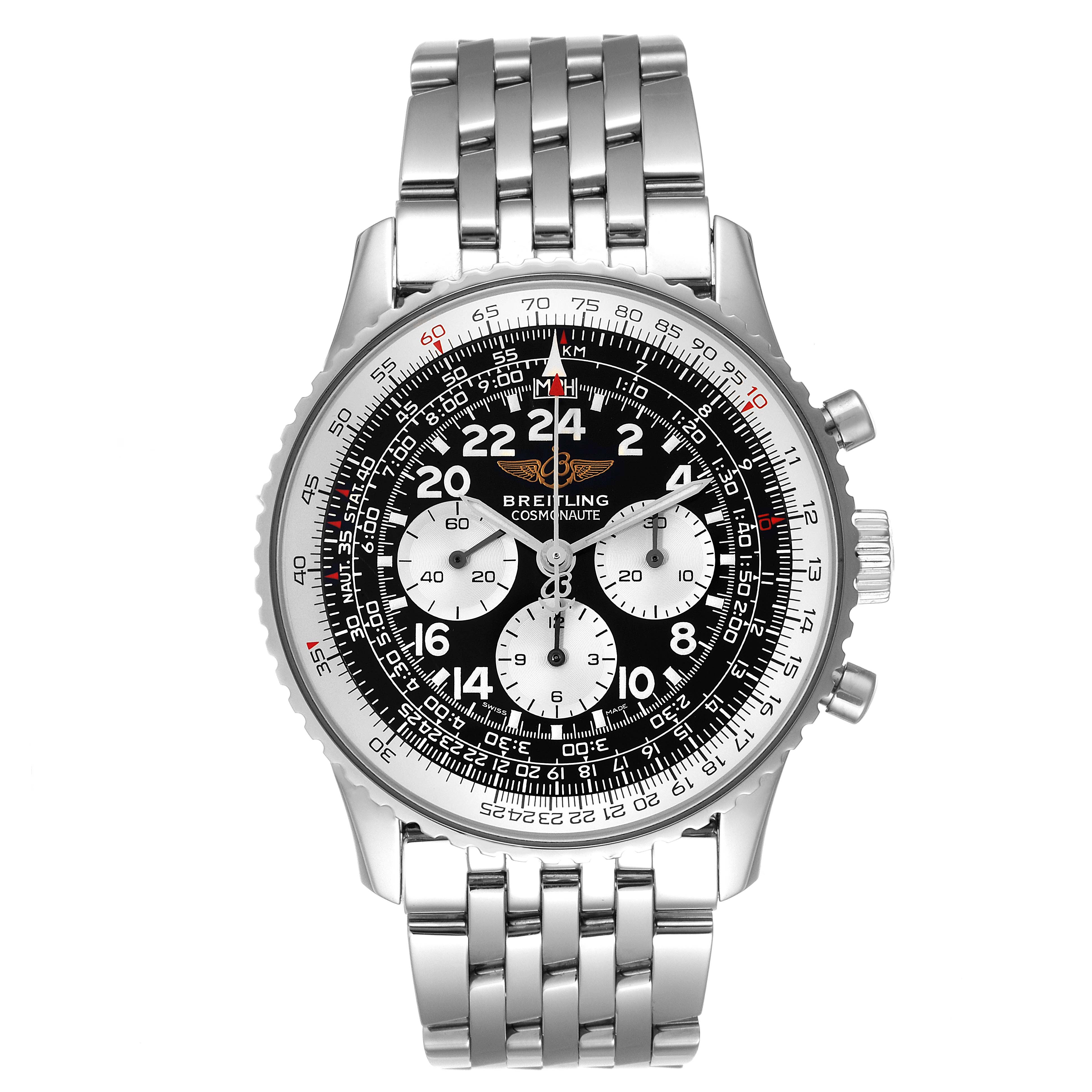 The image shows a front view of a Breitling Navitimer A12322 Men
s Stainless Steel Black Dial A12322 Men
s Stainless Steel Black Dial watch, featuring its dial, bezel, and metal bracelet.