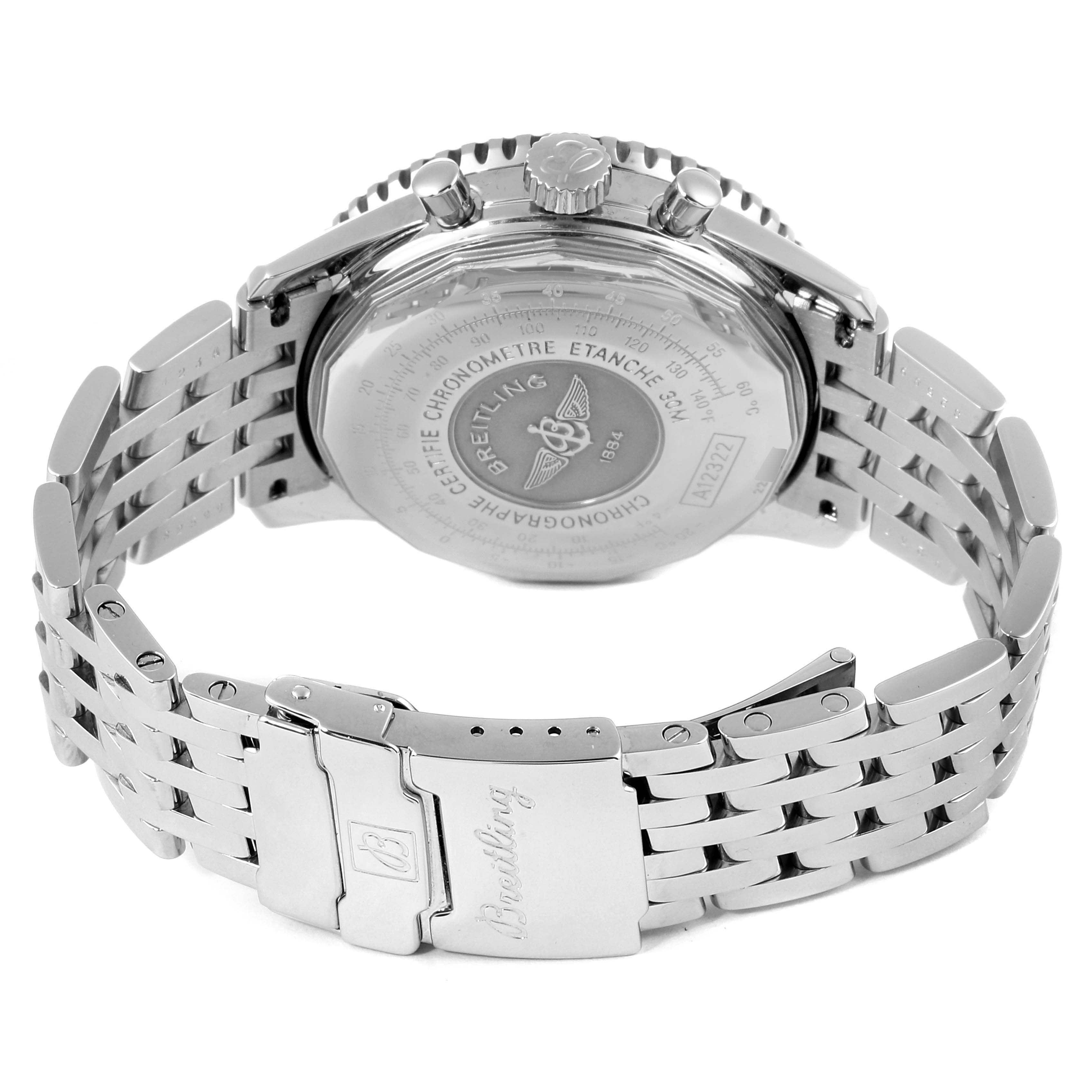 This image shows the back view of a Breitling Navitimer A12322 Men
s Stainless Steel Black Dial A12322 Men
s Stainless Steel Black Dial watch, focusing on the case back and metal bracelet with a clasp.