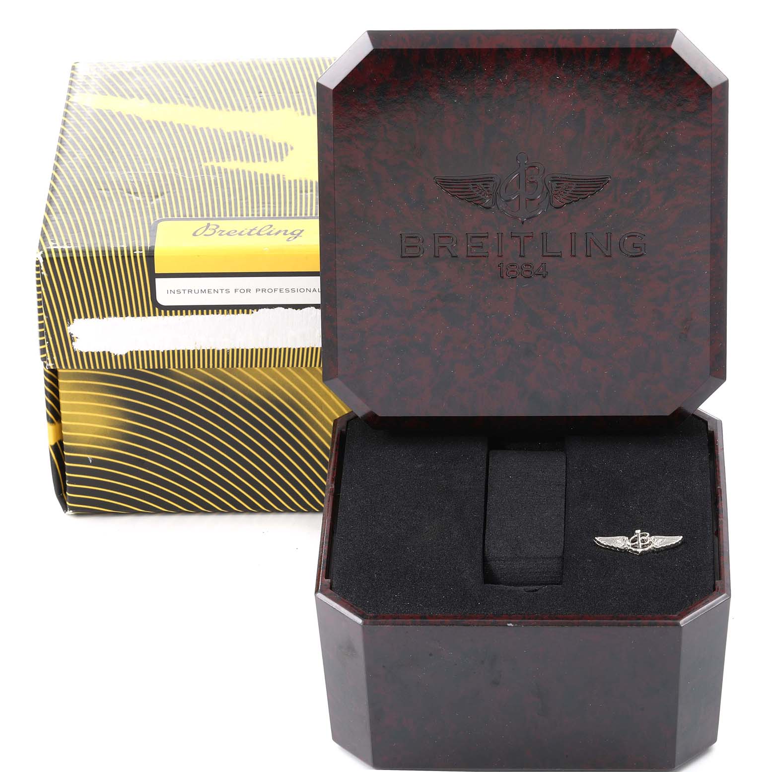 The image shows a Breitling Navitimer A13322 Men
s Stainless Steel Black Dial A13322 Men
s Stainless Steel Black Dial watch box and packaging, with the logo displayed inside the open box.