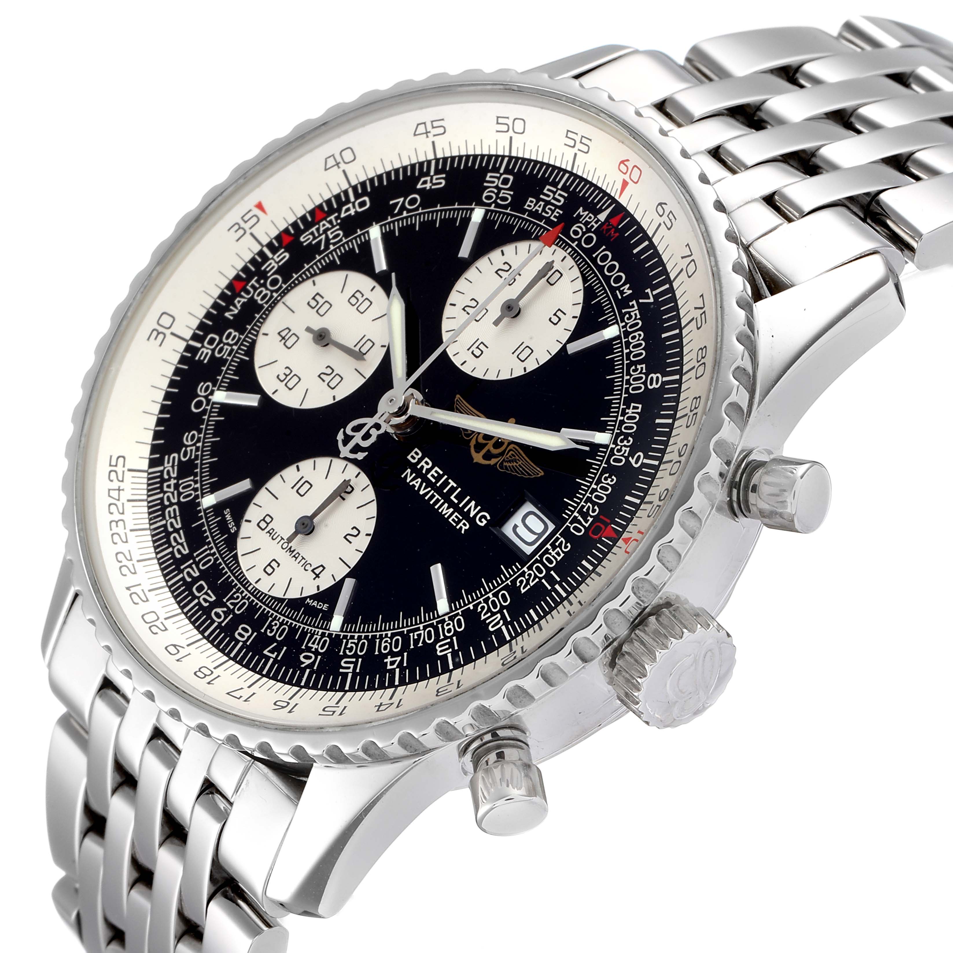 The image displays a Breitling Navitimer A13322 Men
s Stainless Steel Black Dial A13322 Men
s Stainless Steel Black Dial watch at a slight angle, highlighting the face, bezel, and stainless steel bracelet.