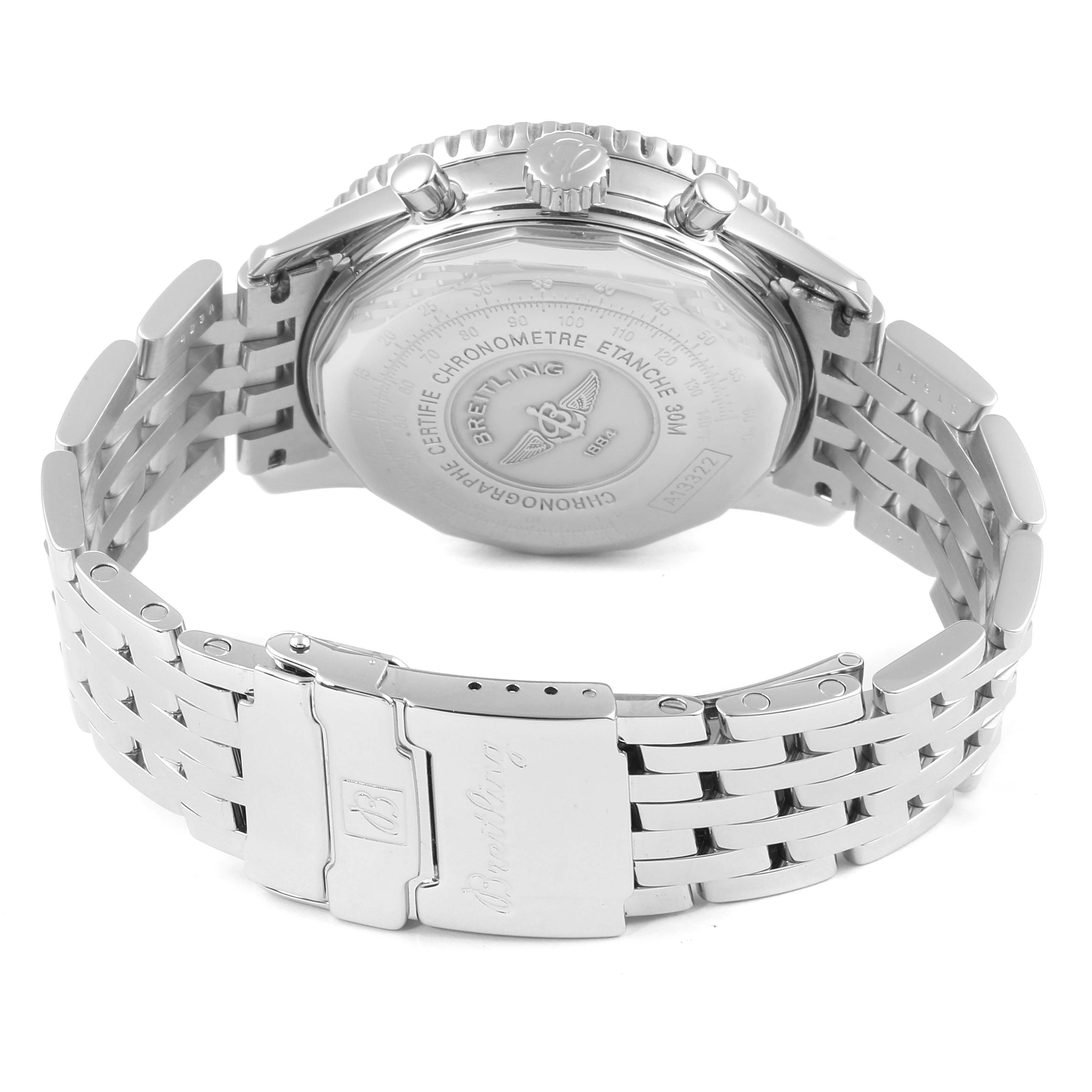 The image displays the back and clasp of the Breitling Navitimer A13322 Men
s Stainless Steel Black Dial A13322 Men
s Stainless Steel Black Dial watch, showcasing its stainless steel bracelet.