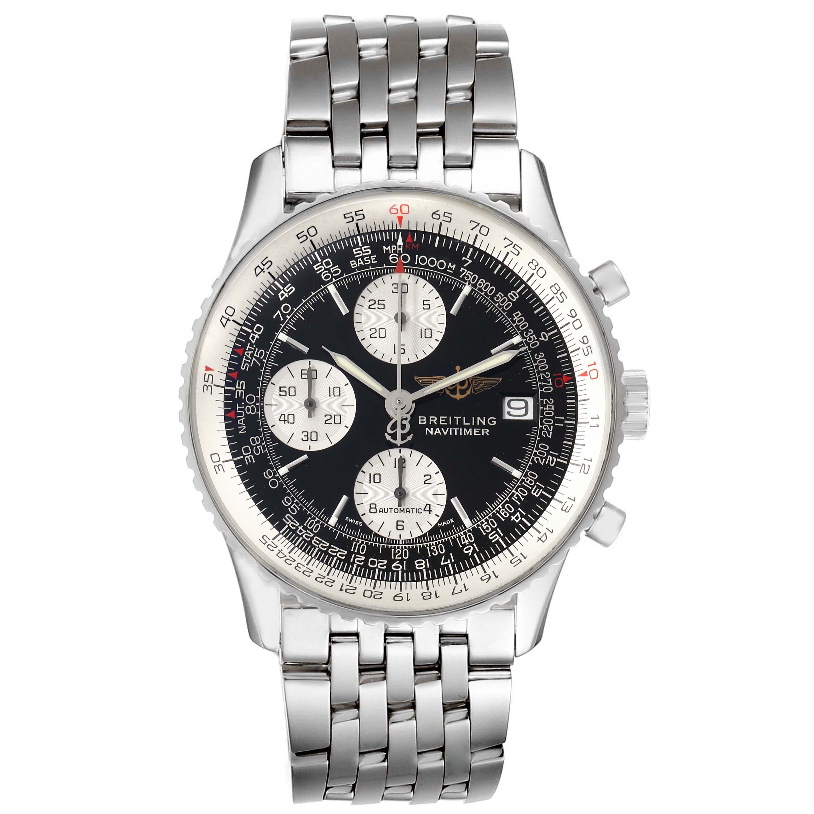 The Breitling Navitimer A13322 Men
s Stainless Steel Black Dial A13322 Men
s Stainless Steel Black Dial watch is shown from a front angle, displaying its dial, bezel, and metal bracelet.