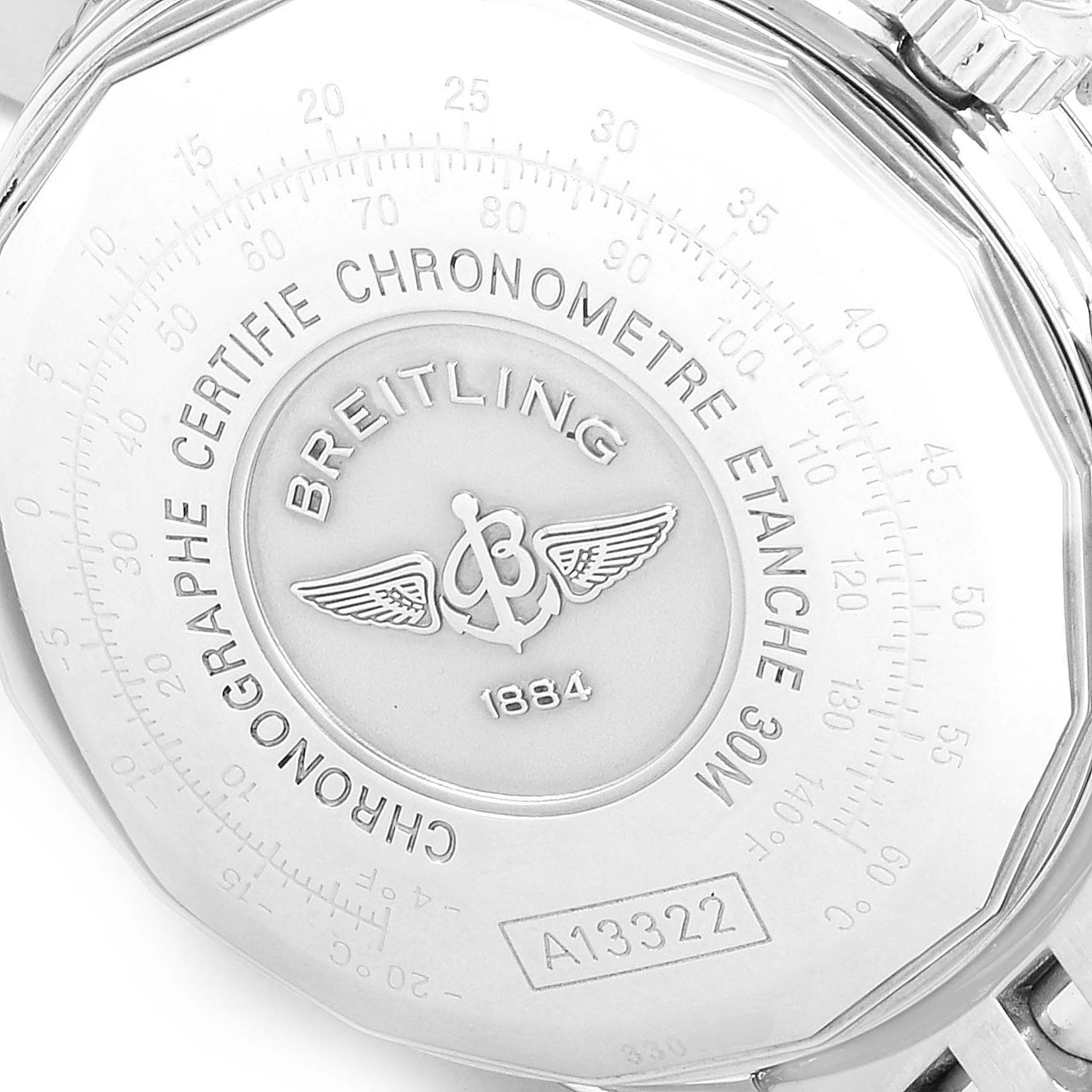 The image shows the back case of a Breitling Navitimer A13322 Men
s Stainless Steel Black Dial A13322 Men
s Stainless Steel Black Dial watch, featuring the brand logo and certification details.