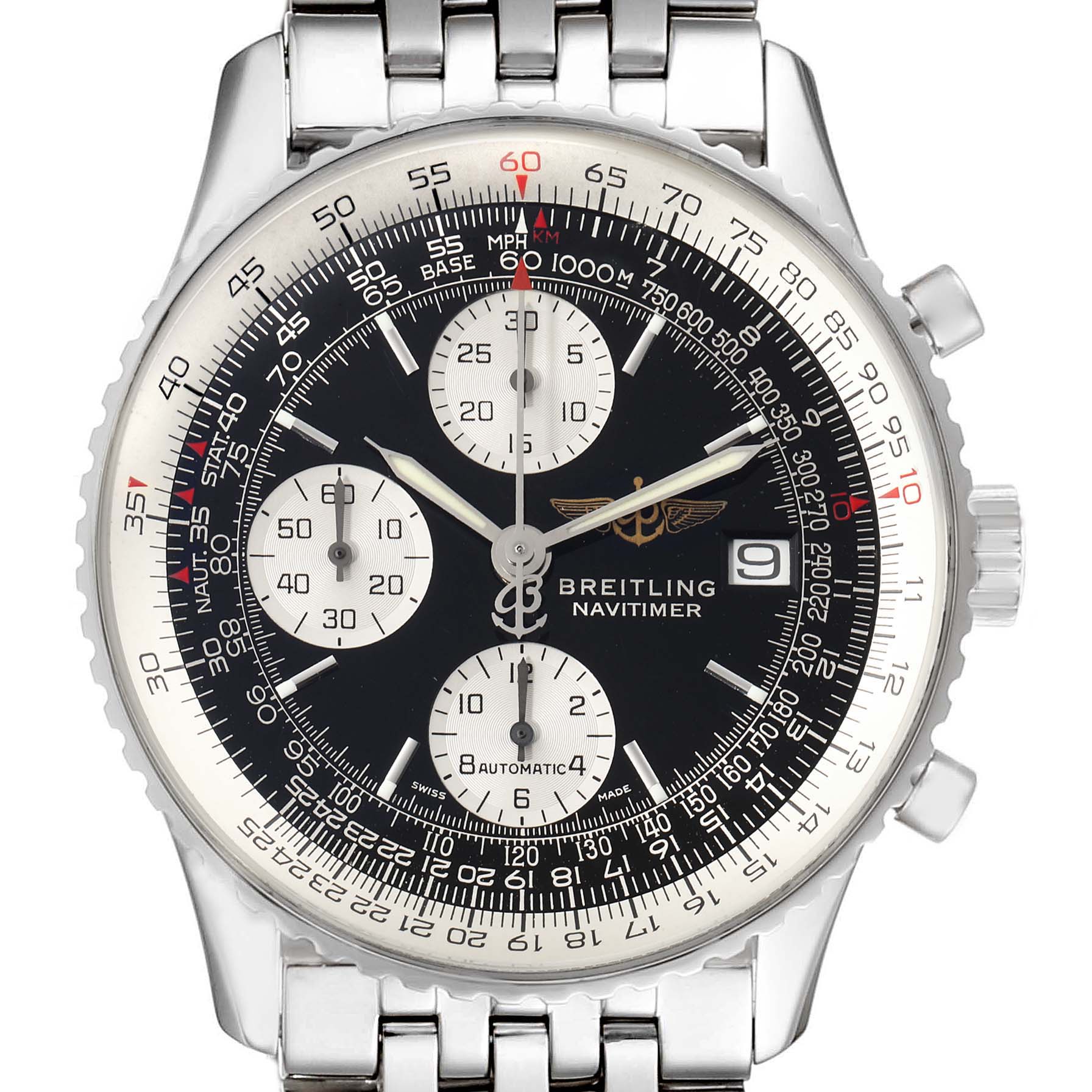 The image shows a front view of a Breitling Navitimer A13322 Men
s Stainless Steel Black Dial A13322 Men
s Stainless Steel Black Dial watch, featuring its dial, bezel, and part of its metal bracelet.
