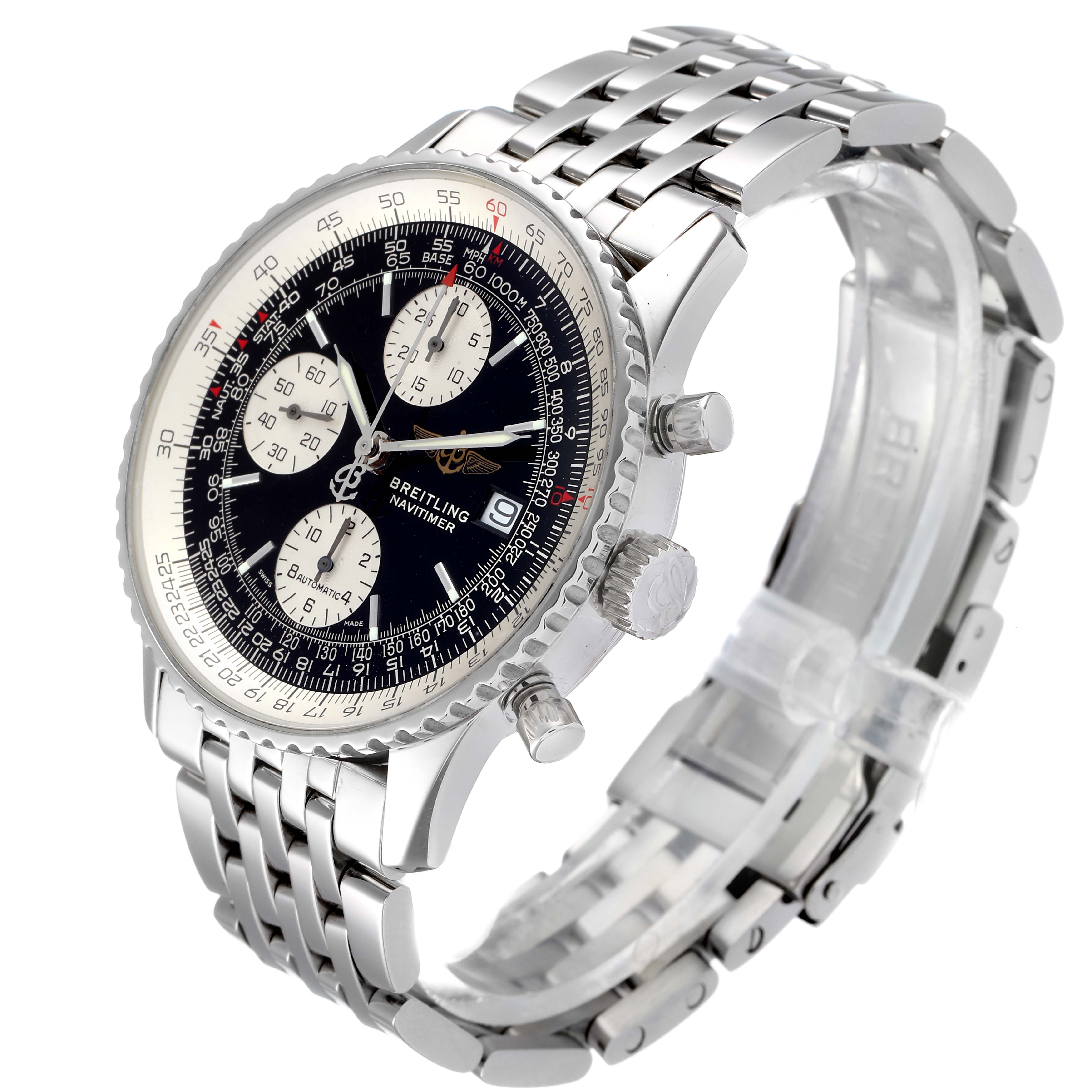 The image shows a Breitling Navitimer A13322 Men
s Stainless Steel Black Dial A13322 Men
s Stainless Steel Black Dial watch at a three-quarter angle, highlighting the face, dial, and stainless steel bracelet.
