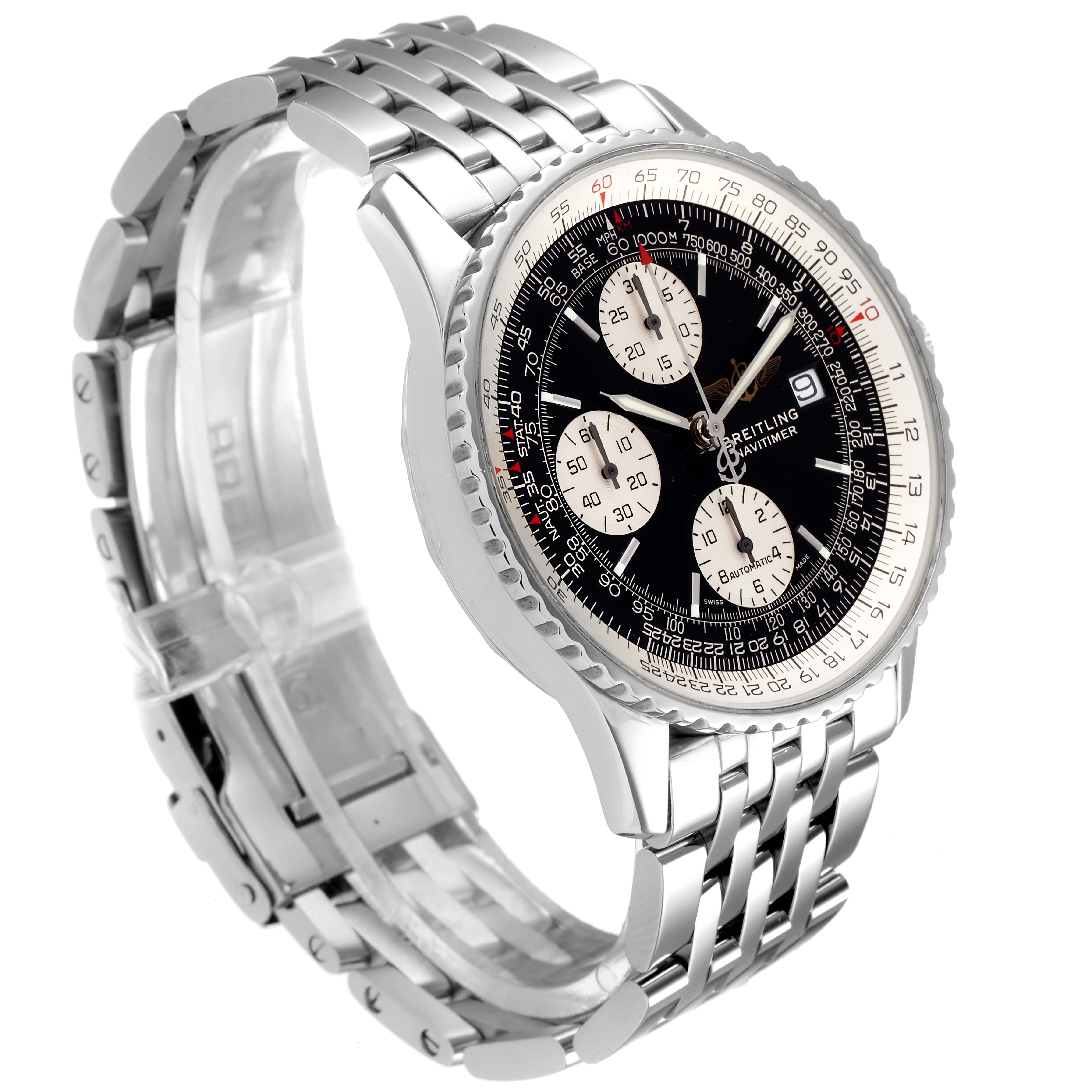 This image shows a Breitling Navitimer A13322 Men
s Stainless Steel Black Dial A13322 Men
s Stainless Steel Black Dial watch at an angled view, highlighting the stainless steel case, bezel, and bracelet.