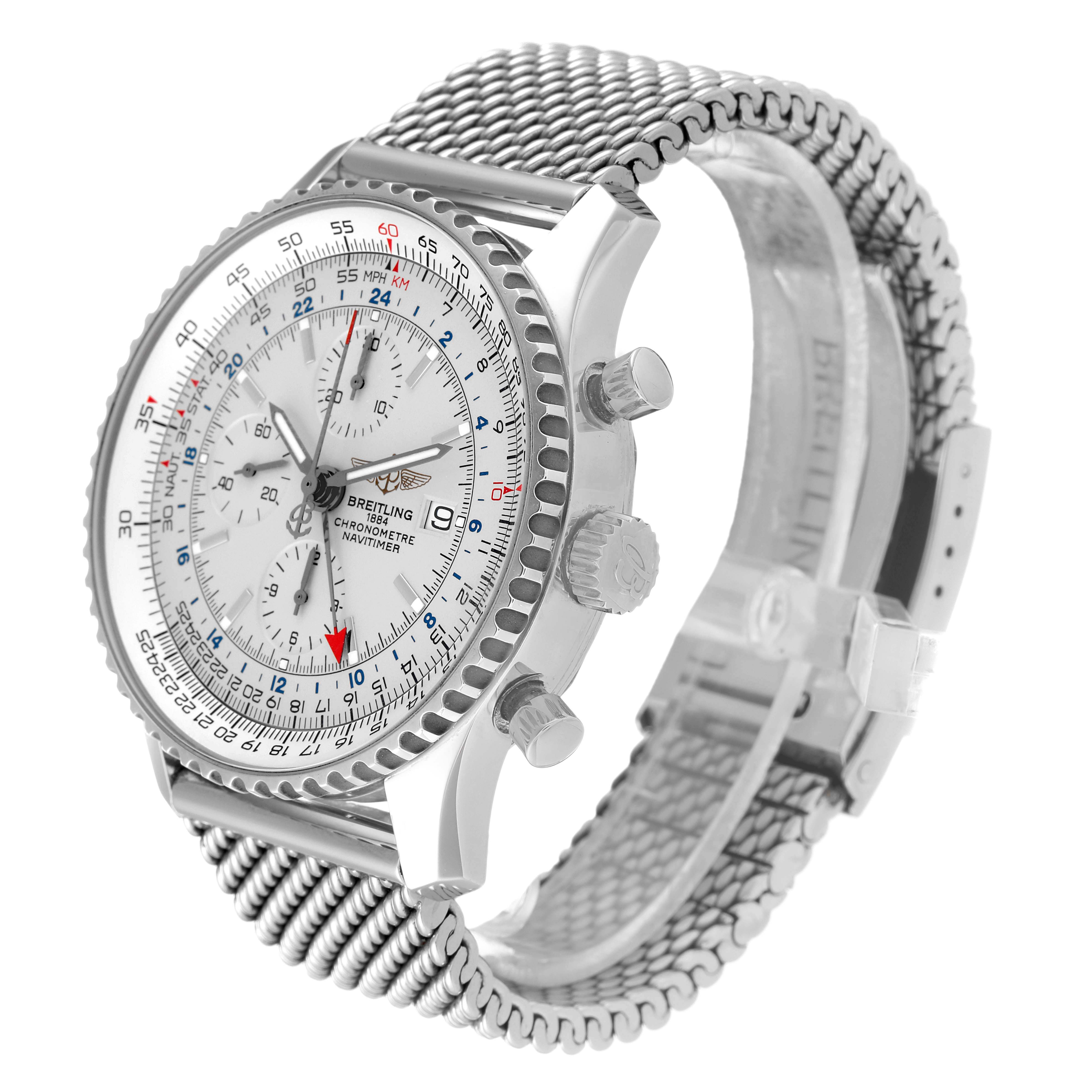 This image shows a Breitling Navitimer A24322 Men's Stainless Steel Silver Dial A24322 Men's Stainless Steel Silver Dial watch at a 3/4 angle, highlighting its dial, bezel, crown, pushers, and mesh bracelet.
