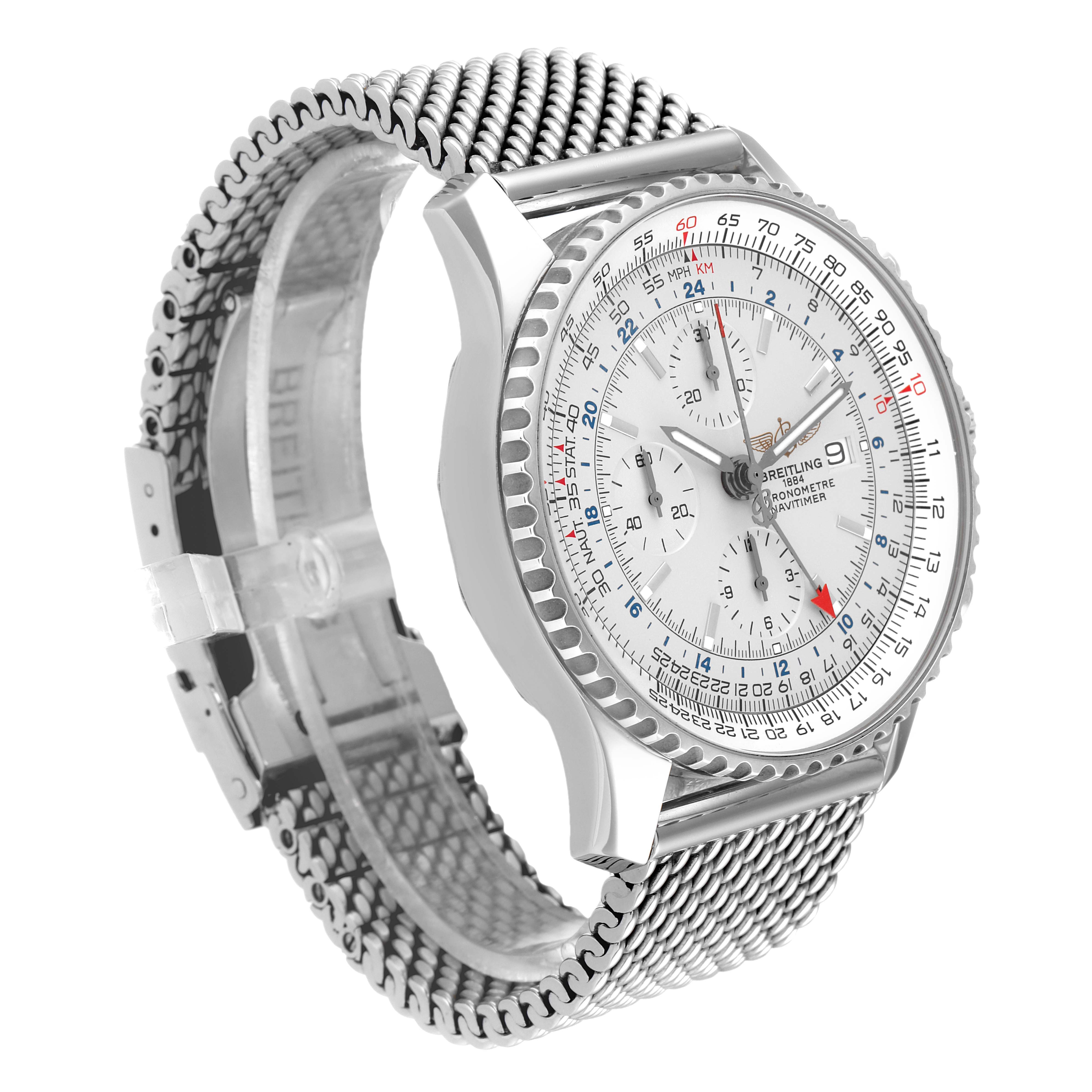 The image shows a Breitling Navitimer A24322 Men's Stainless Steel Silver Dial A24322 Men's Stainless Steel Silver Dial watch at a front three-quarter angle, highlighting the face and mesh wristband.